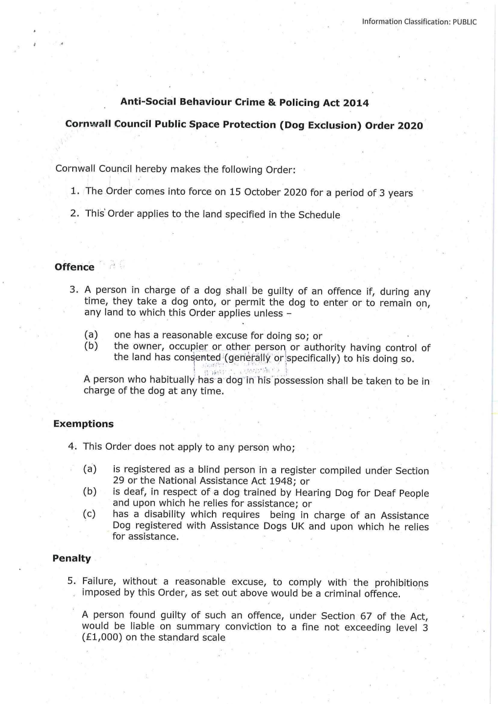 PSPO Dog Exclusion Order 2020