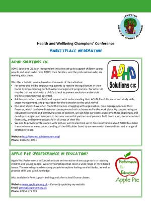 Health and Wellbeing Champions' Conference MARKETPLACE INFORMATION ADHD Solutions Cic Apple P.I.E (Performance in Education)