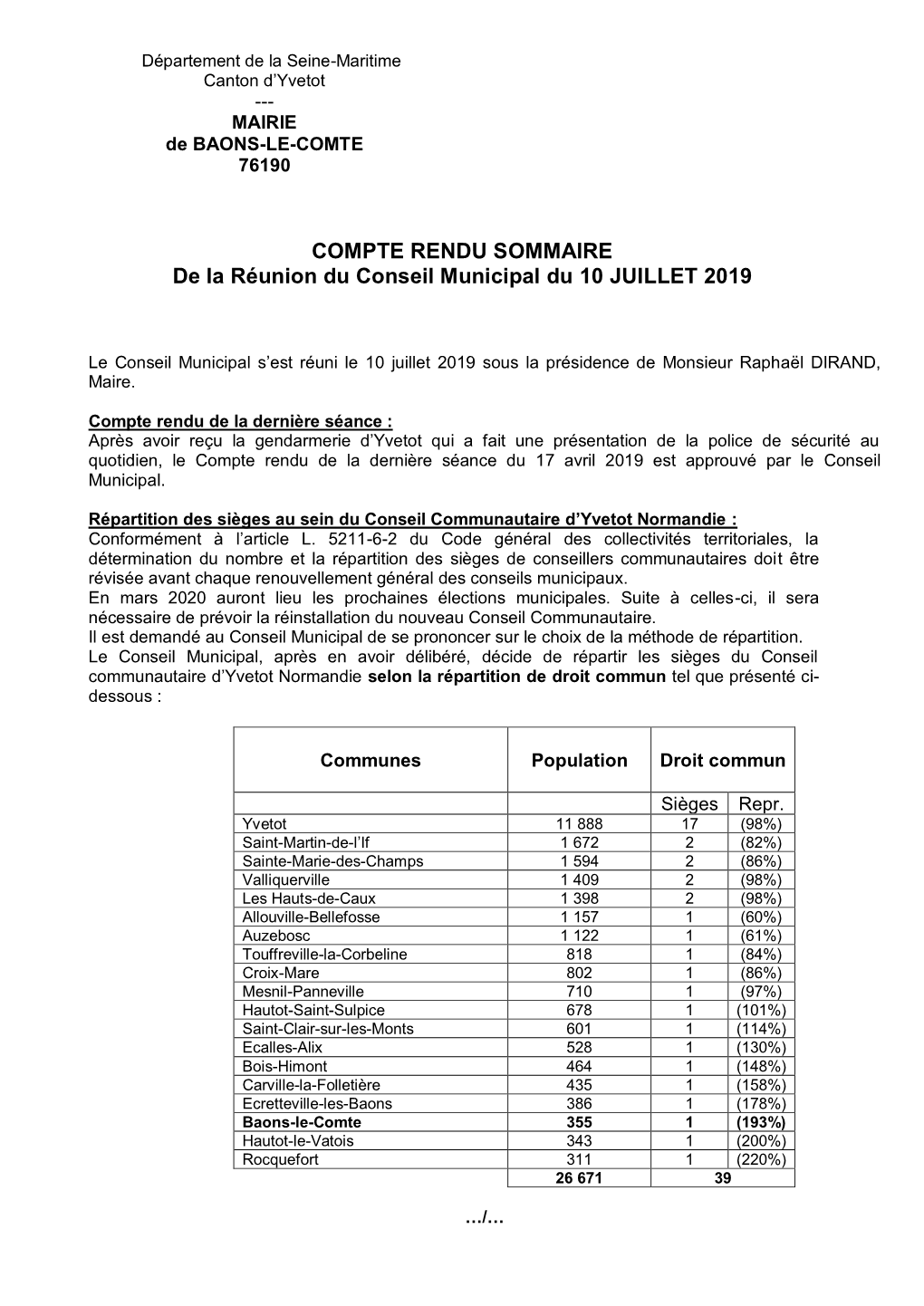 COMPTE RENDU SOMMAIRE De La Réunion Du Conseil Municipal Du 10 JUILLET 2019