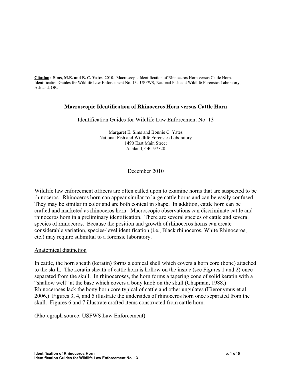 Macroscopic Identification of Rhinoceros Horn Versus Cattle Horn