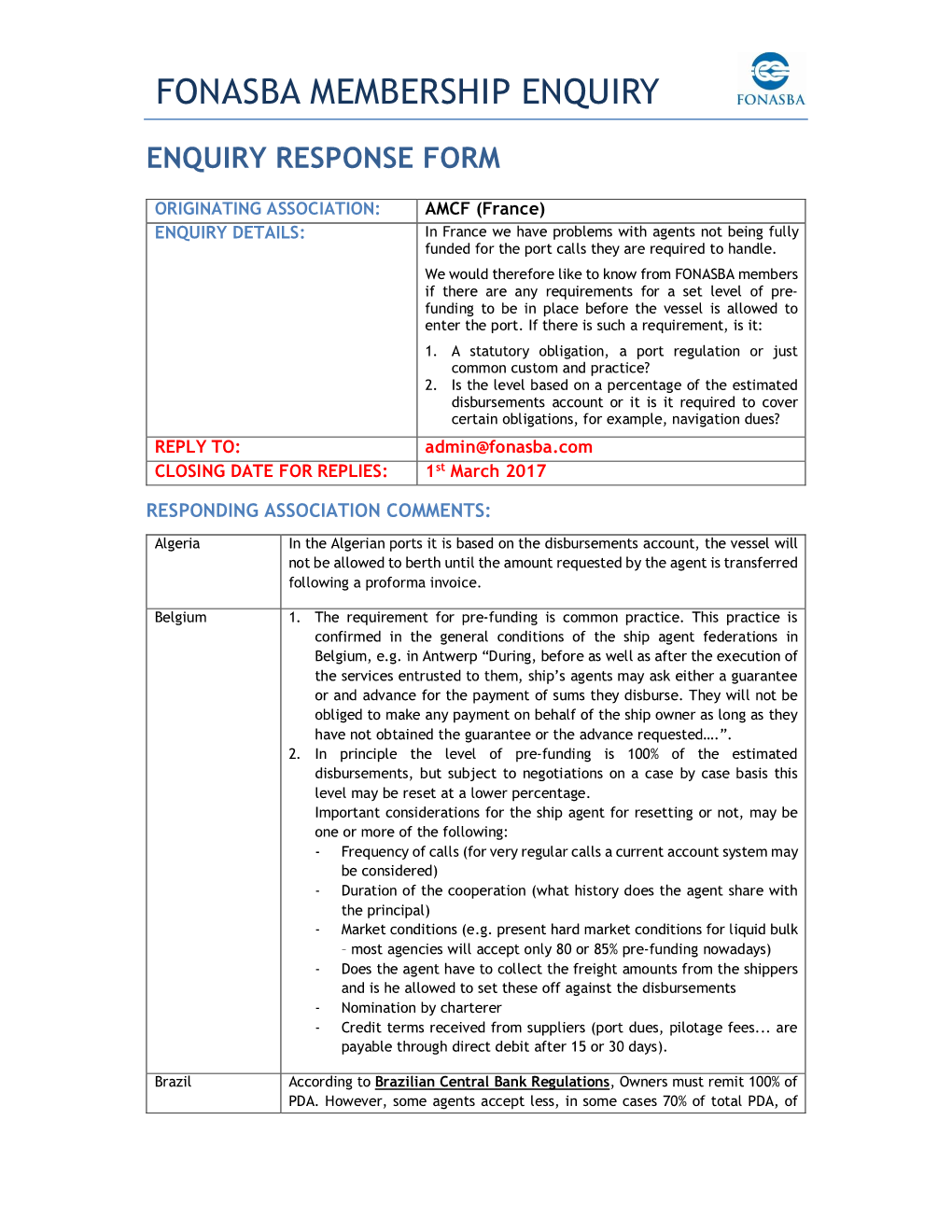 Fonasba Membership Enquiry