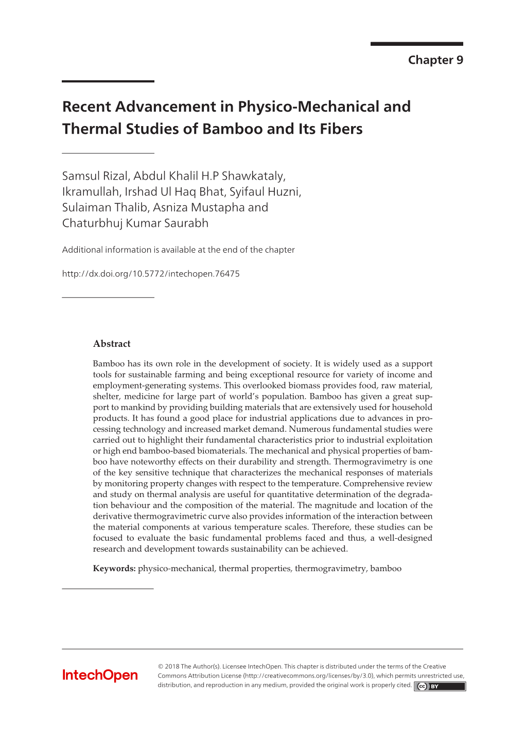 Recent Advancement in Physico-Mechanical and Thermal Studies of Bamboo and Its Fibers