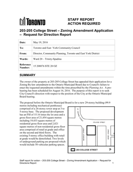 203-205 College Street – Zoning Amendment Application – Request for Direction Report