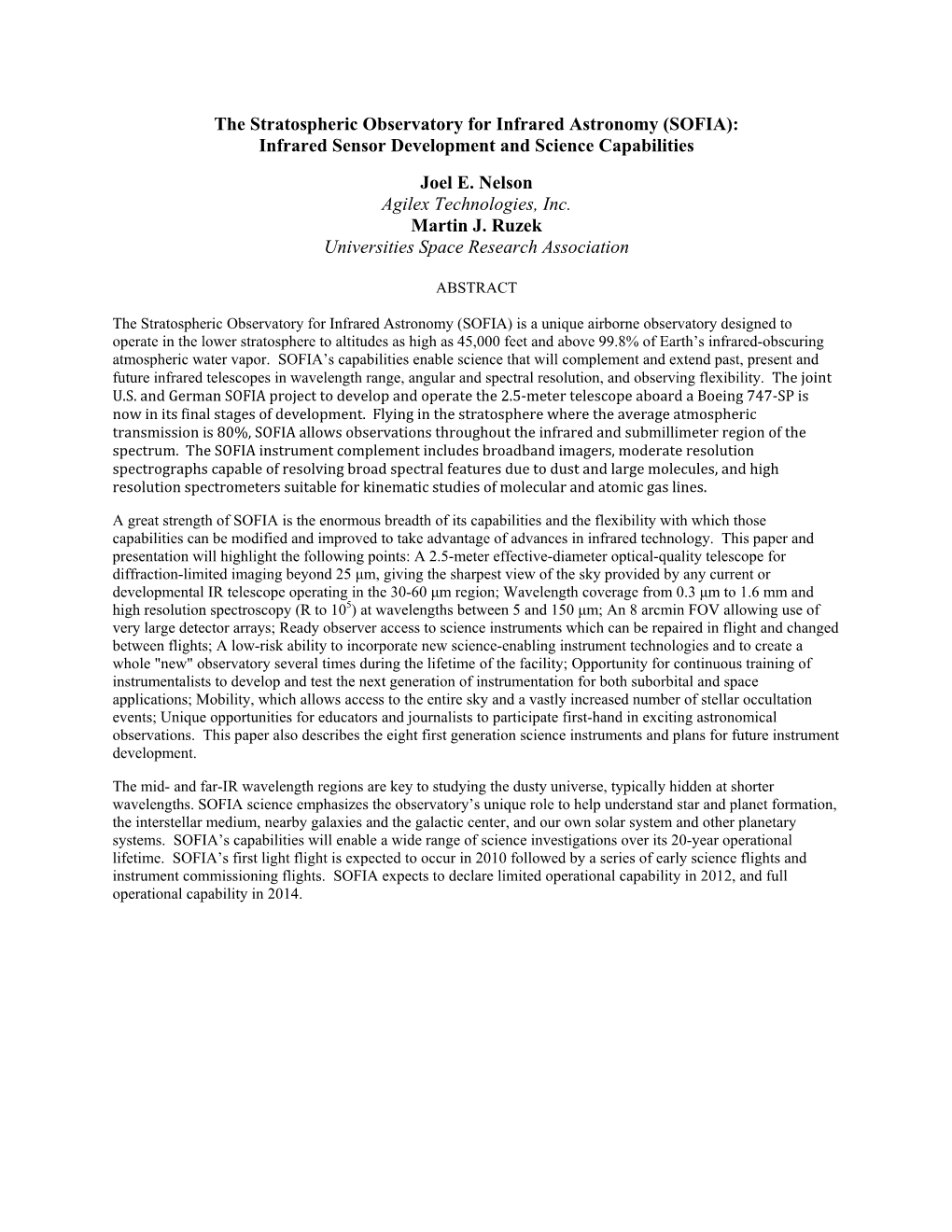 The Stratospheric Observatory for Infrared Astronomy (SOFIA): Infrared Sensor Development and Science Capabilities Joel E