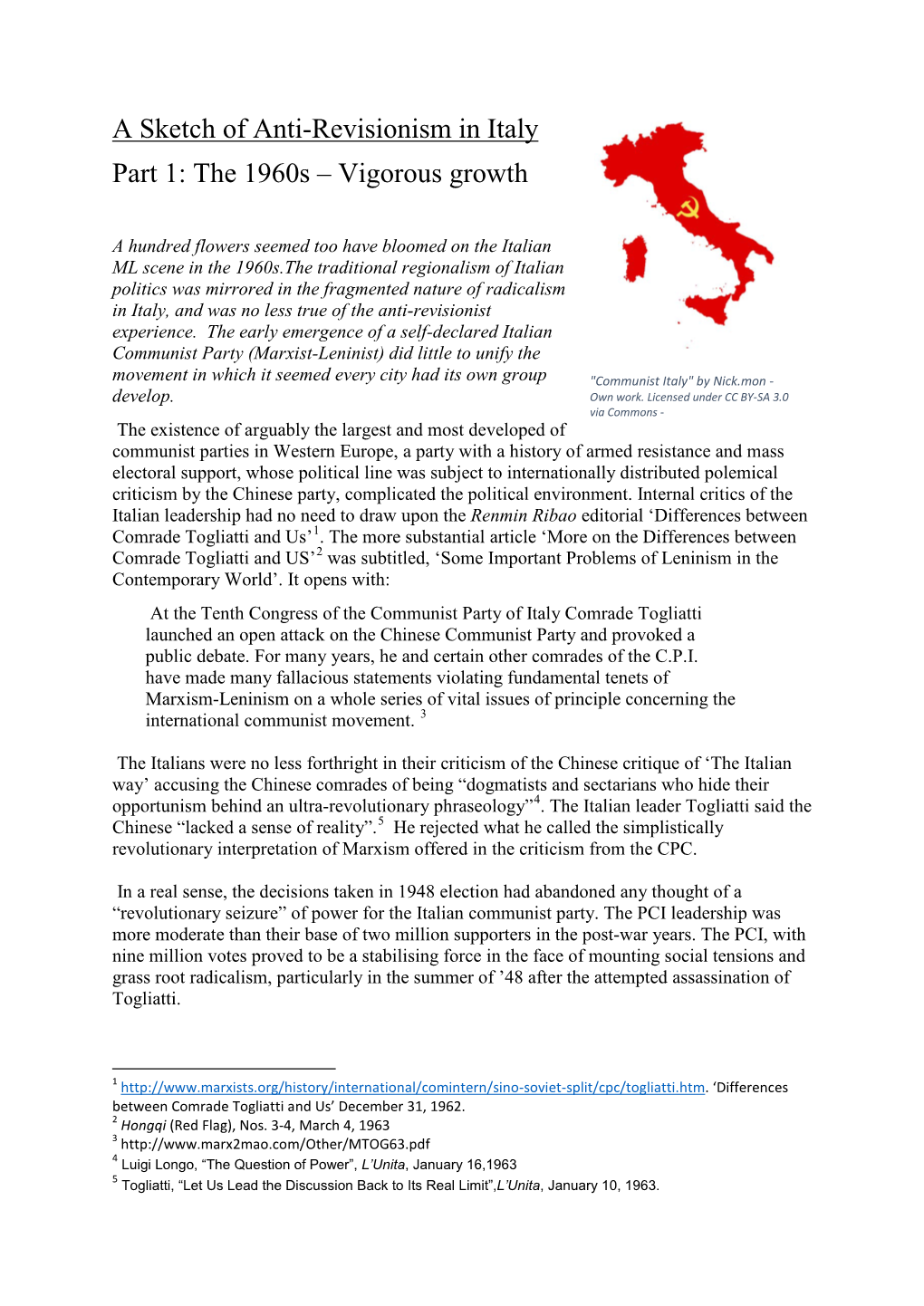 A Sketch of Anti-Revisionism in Italy Part 1: the 1960S – Vigorous Growth