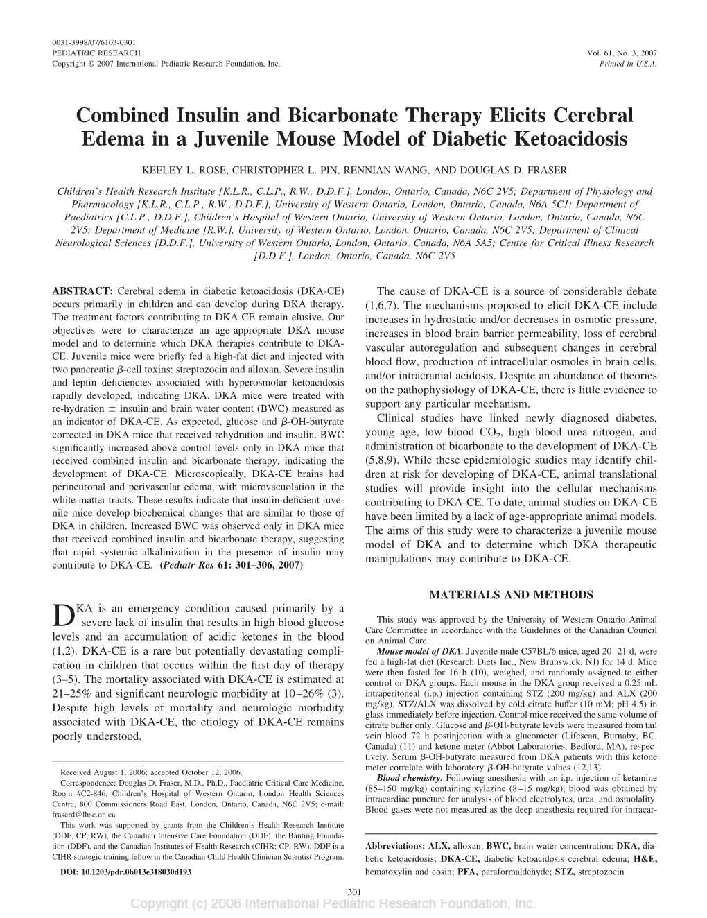 Combined Insulin and Bicarbonate Therapy Elicits Cerebral Edema in a Juvenile Mouse Model of Diabetic Ketoacidosis