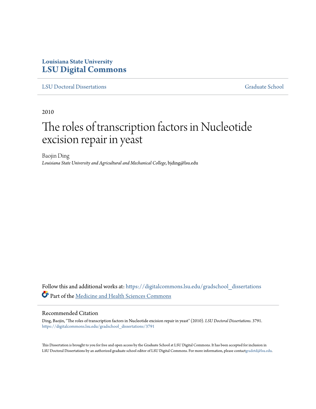 The Roles of Transcription Factors in Nucleotide Excision Repair in Yeast