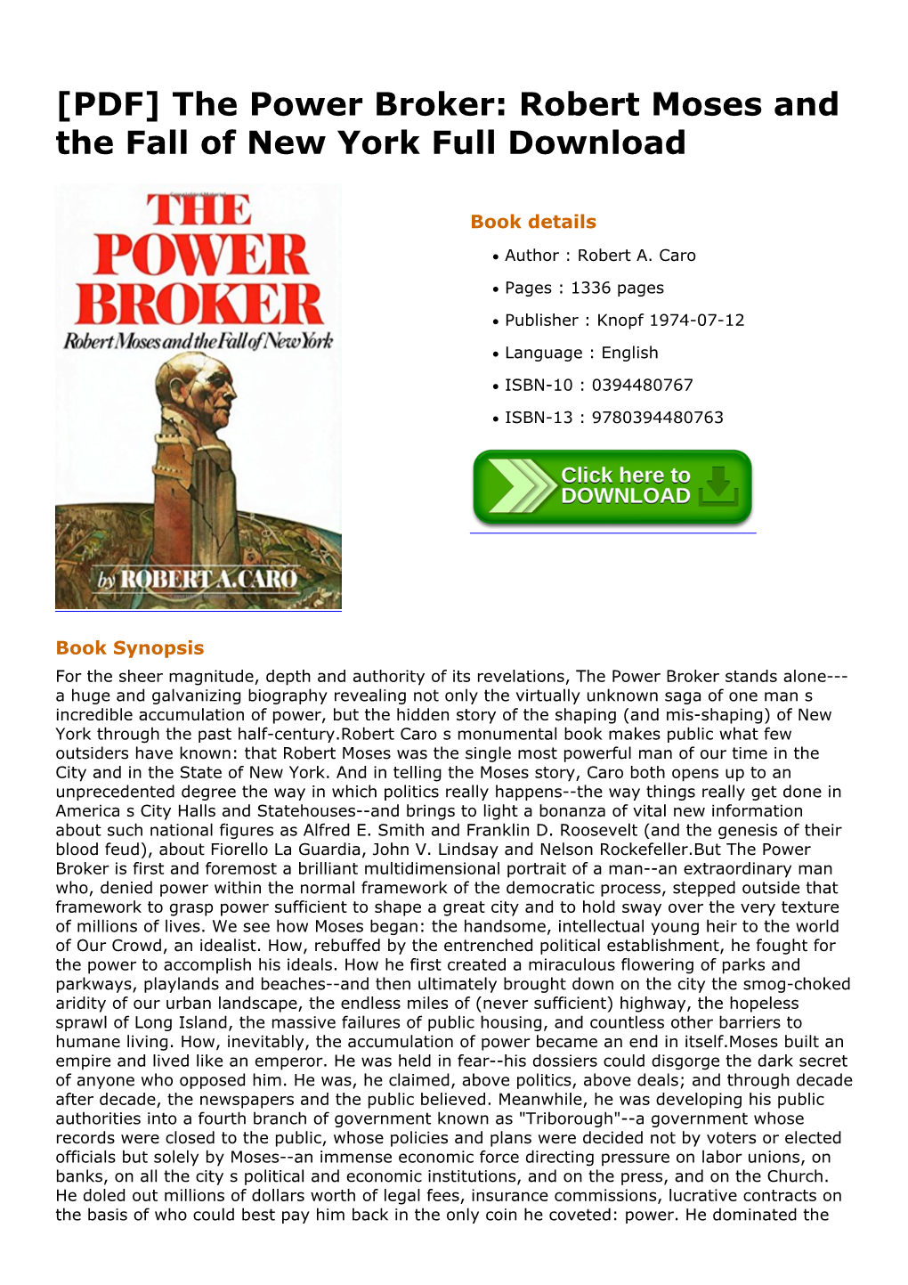 The Power Broker: Robert Moses and the Fall of New York Full Download