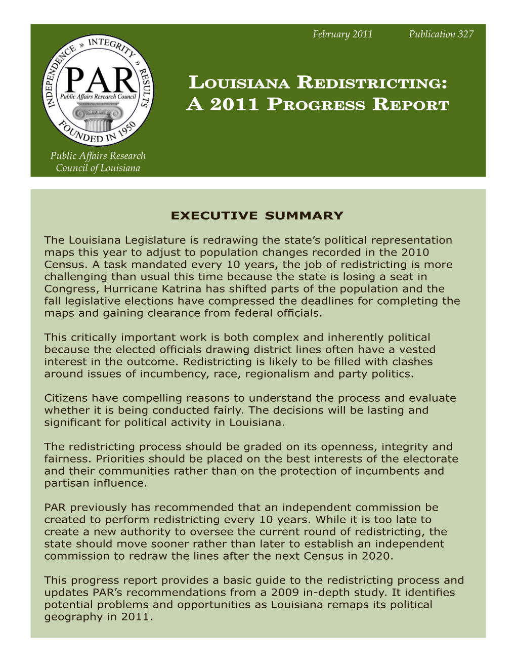 Louisiana Redistricting: a 2011 Progress Report