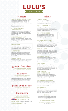 Starters Gluten-Free Pizza Calzones Pizza by the Slice Kids Menu Salads