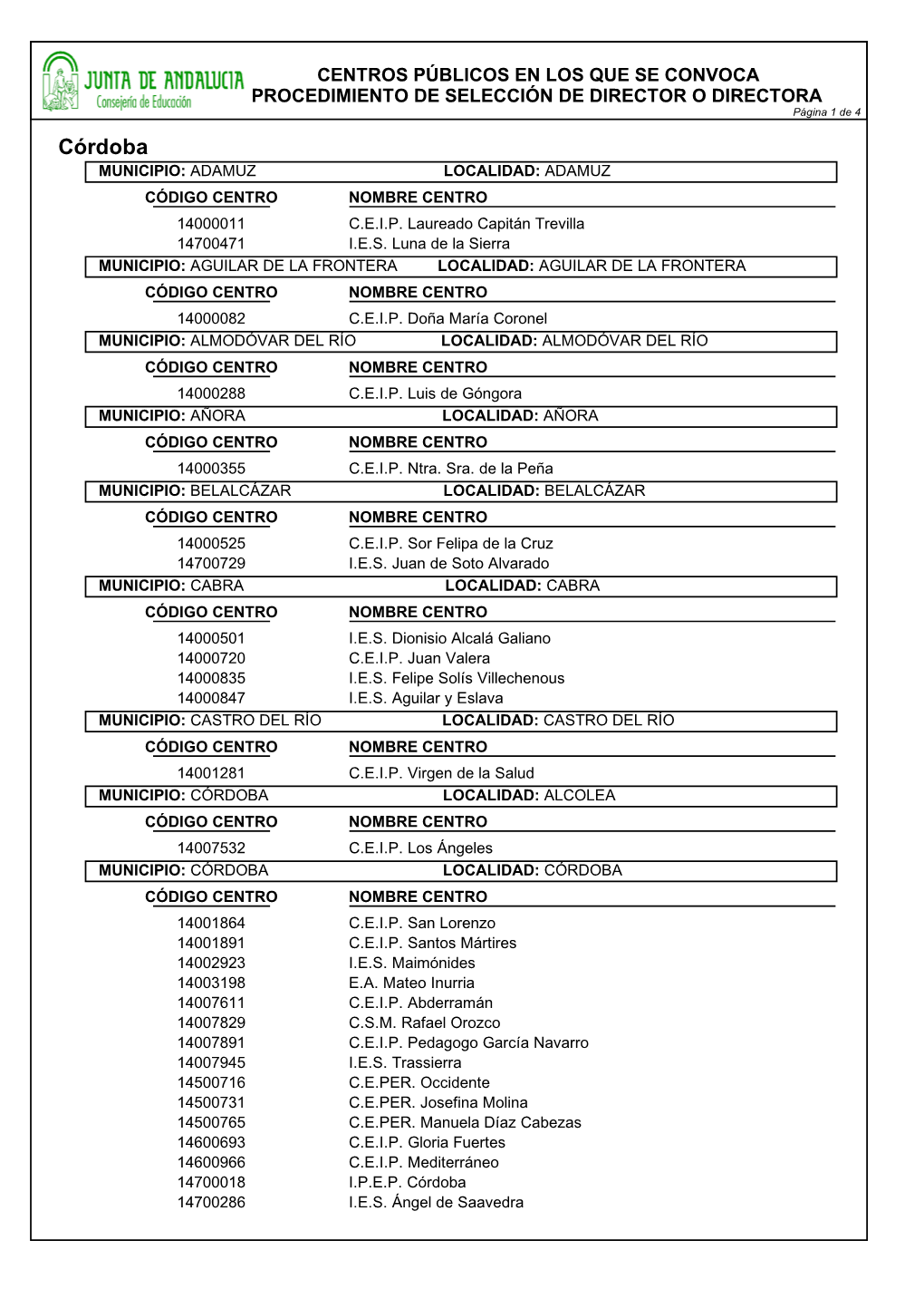 Córdoba MUNICIPIO: ADAMUZ LOCALIDAD: ADAMUZ CÓDIGO CENTRO NOMBRE CENTRO 14000011 C.E.I.P