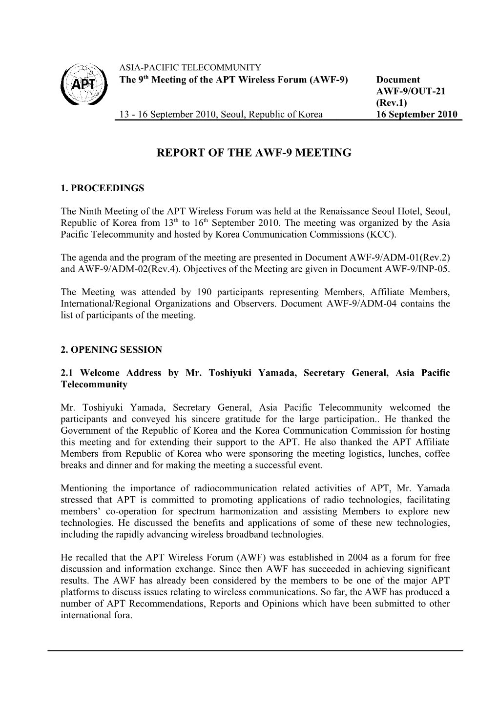 Report of the Awf-9 Meeting