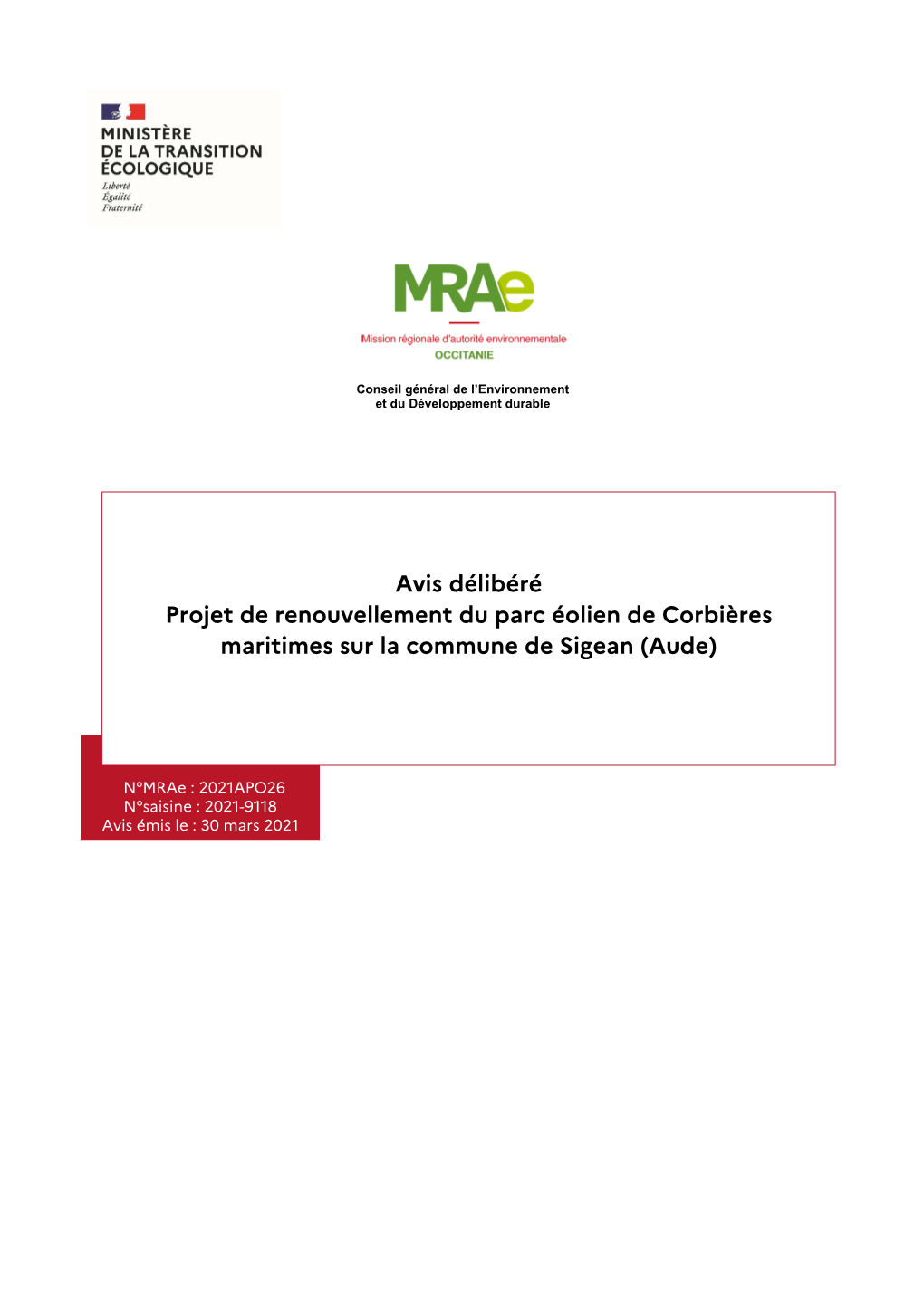 Avis Délibéré Projet De Renouvellement Du Parc Éolien De Corbières Maritimes Sur La Commune De Sigean (Aude)