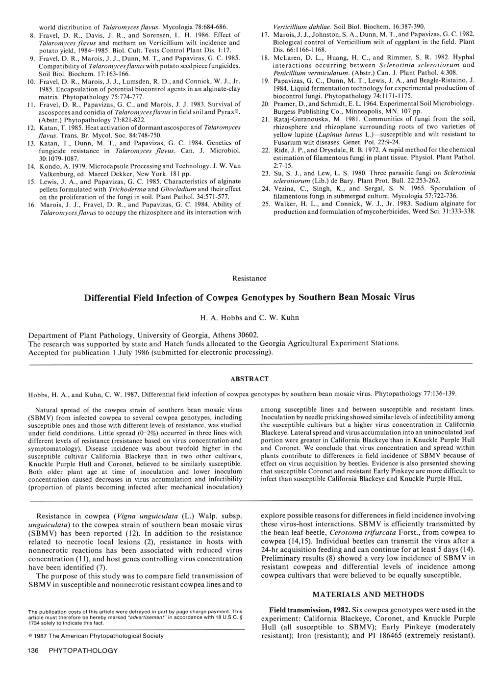 Differential Field Infection of Cowpea Genotypes by Southern Bean Mosaic Virus