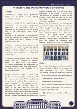 Ministers and Parliamentary Secretaries Ministers Gradually Increased from Six in the 1890 Forrest Government to the Current 17 Set in 1986