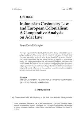 Indonesian Customary Law and European Colonialism: a Comparative Analysis on Adat Law