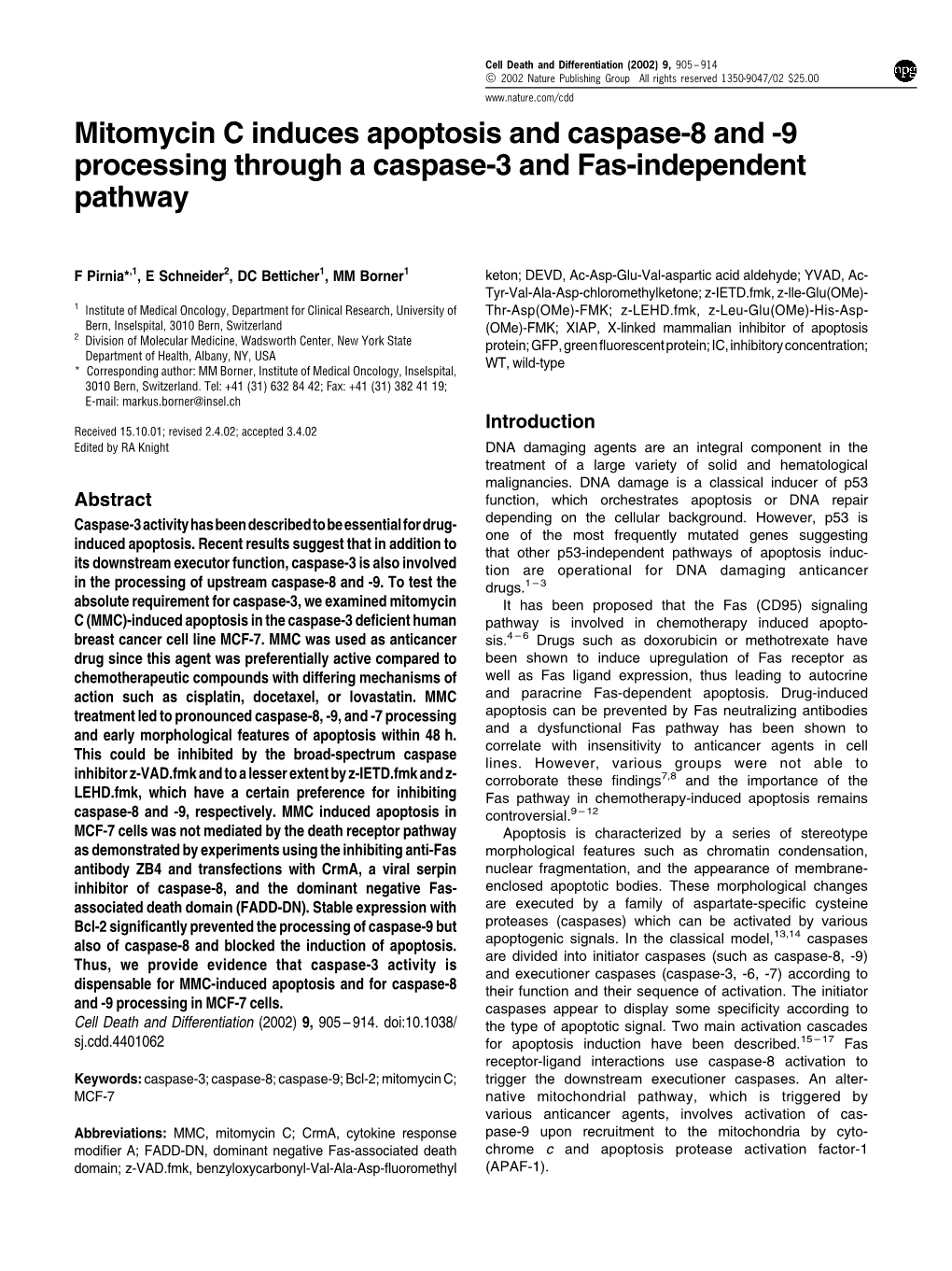 Mitomycin C Induces Apoptosis and Caspase-8 and -9 Processing Through a Caspase-3 and Fas-Independent Pathway