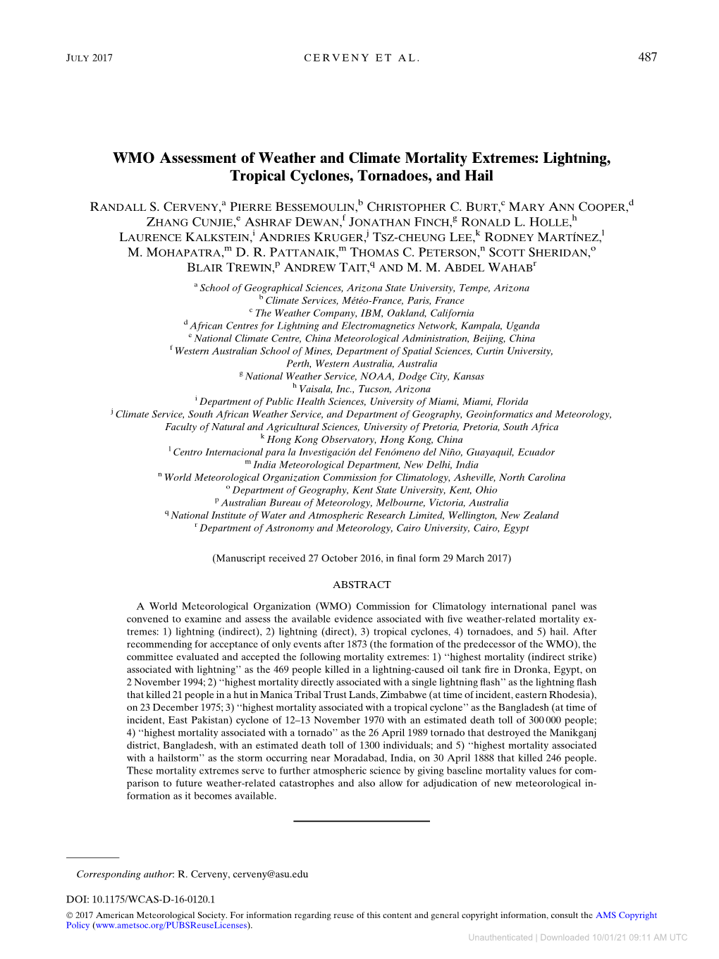 WMO Assessment of Weather and Climate Mortality Extremes: Lightning, Tropical Cyclones, Tornadoes, and Hail