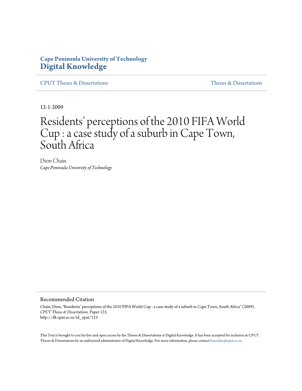 Residentsâ•Ž Perceptions of the 2010 FIFA World