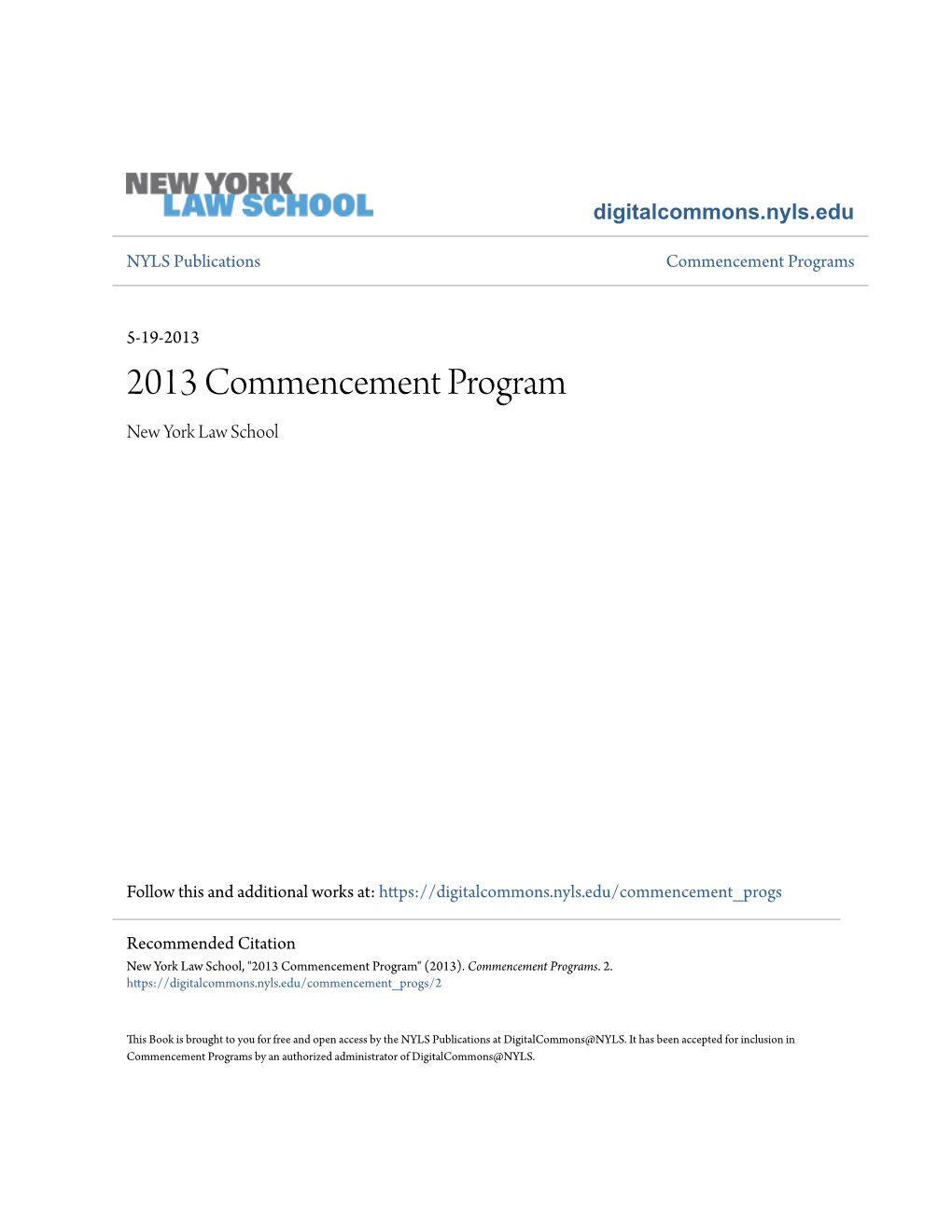 2013 Commencement Program New York Law School