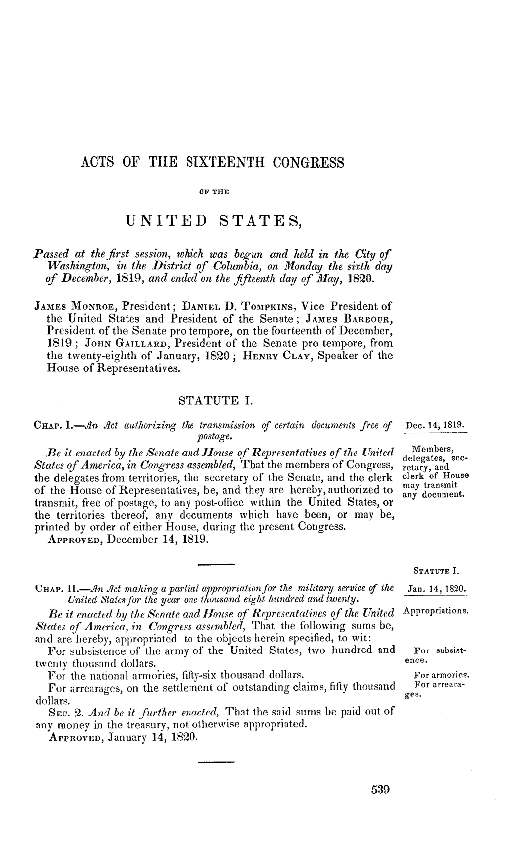 Acts of the Sixteenth Congress of the United States
