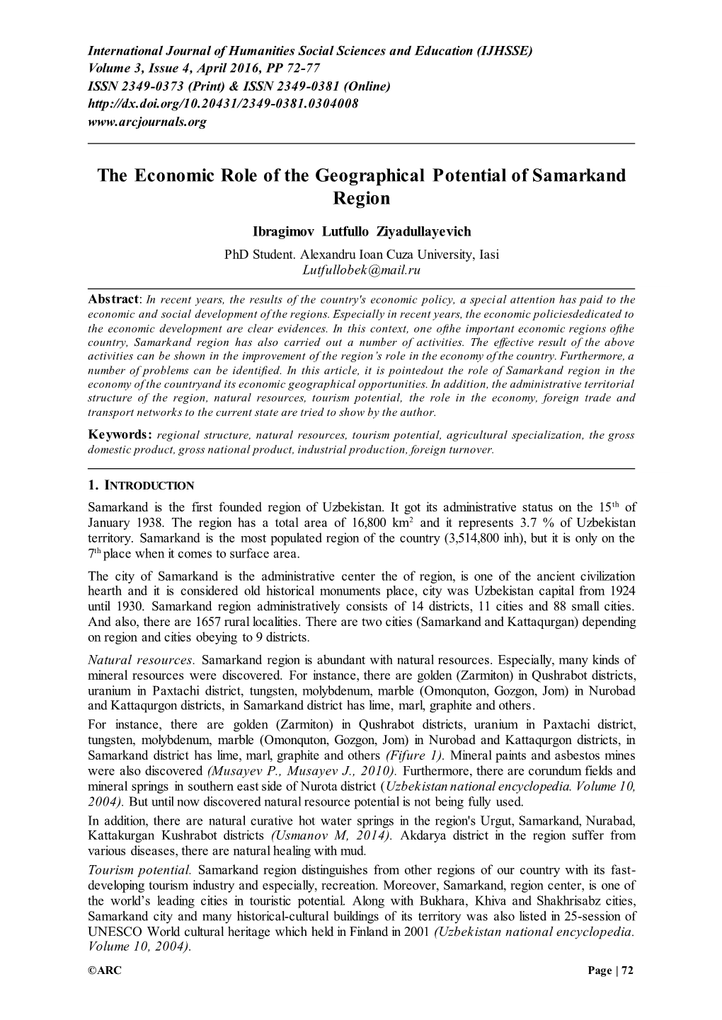 The Economic Role of the Geographical Potential of Samarkand Region