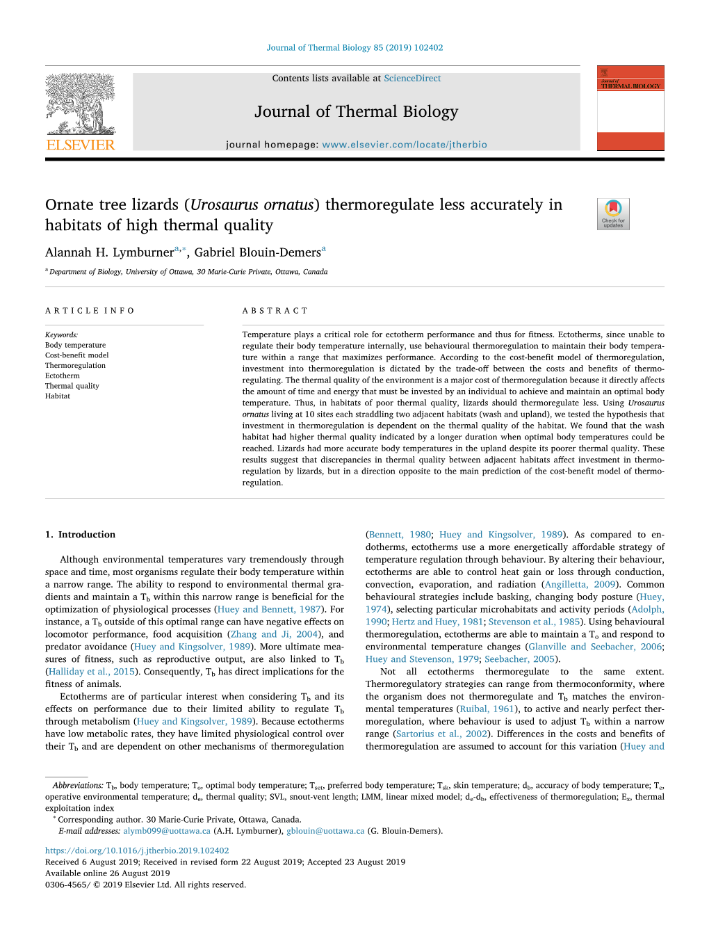 Urosaurus Ornatus) Thermoregulate Less Accurately in Habitats of High Thermal Quality T