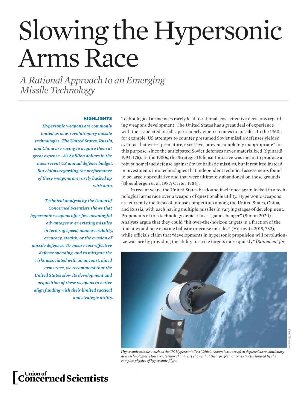 Slowing the Hypersonic Arms Race a Rational Approach to an Emerging Missile Technology