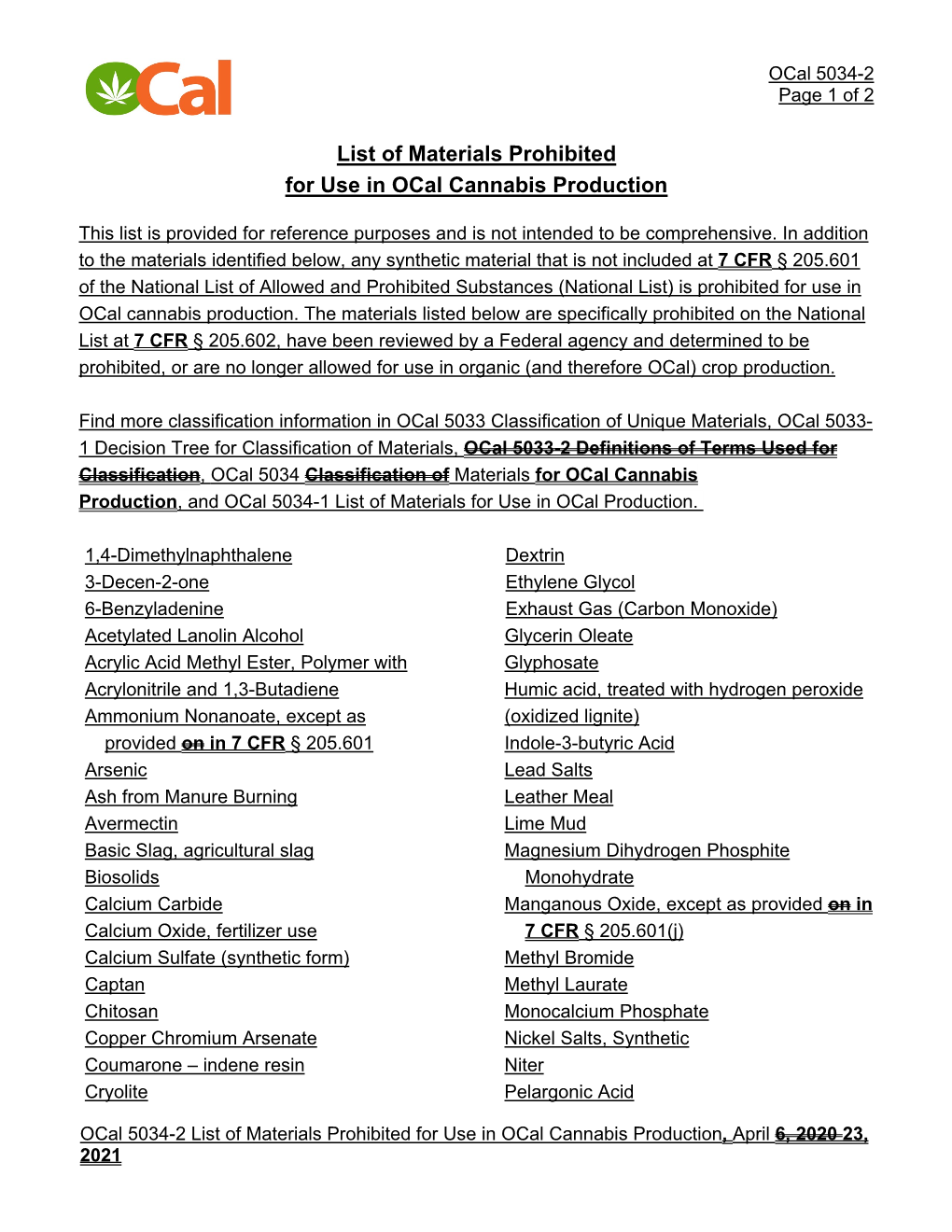 Ocal 5034-2 List of Materials Prohibited for Use in Ocal Cannabis Production, April 6, 2020 23, 2021 Ocal 5034-2 Page 2 of 2