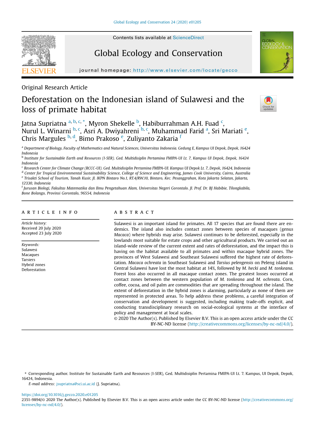 Deforestation on the Indonesian Island of Sulawesi and the Loss of Primate Habitat
