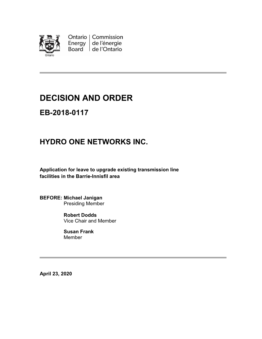 Ontario Board Decision Hydro One, Apr 23 2020