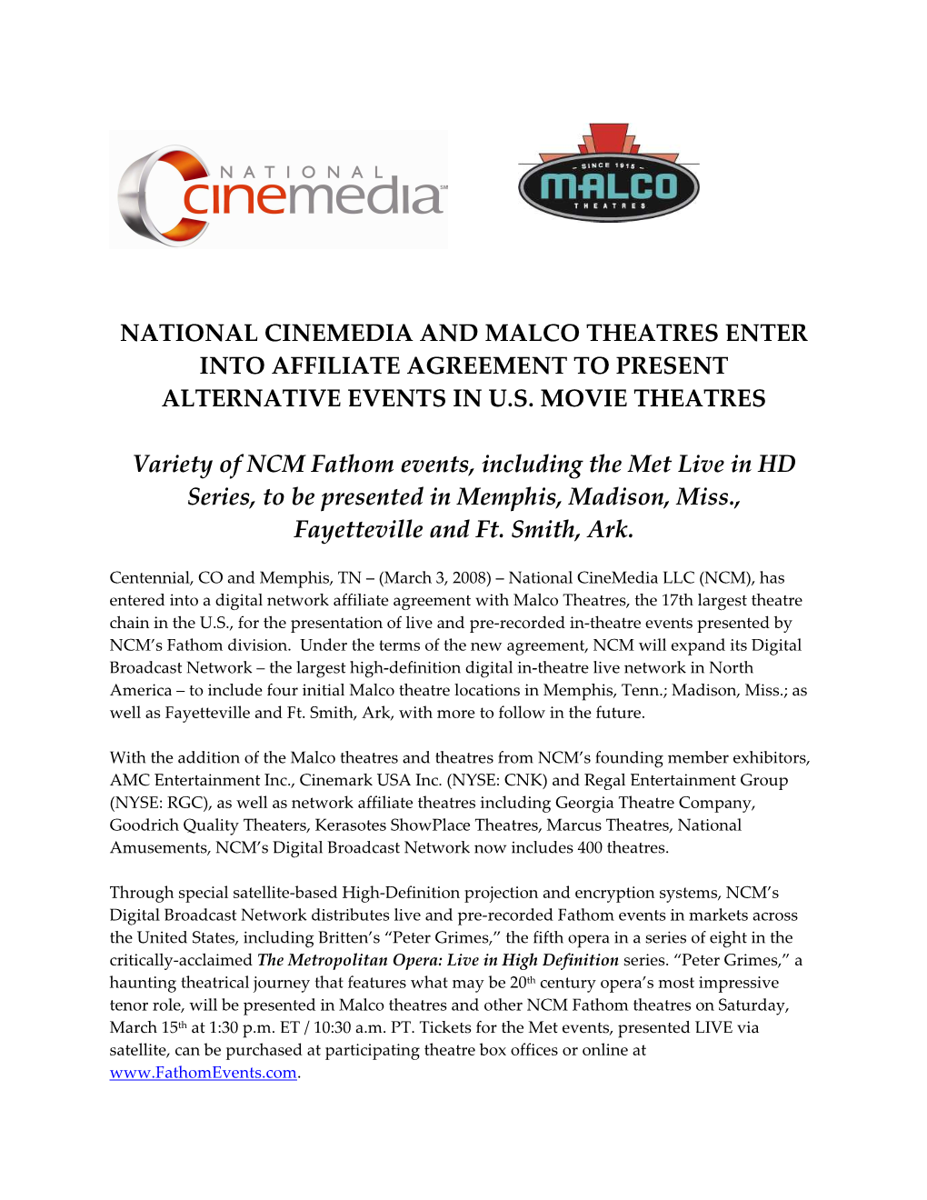 National Cinemedia and Malco Theatres Enter Into Affiliate Agreement to Present Alternative Events in U.S