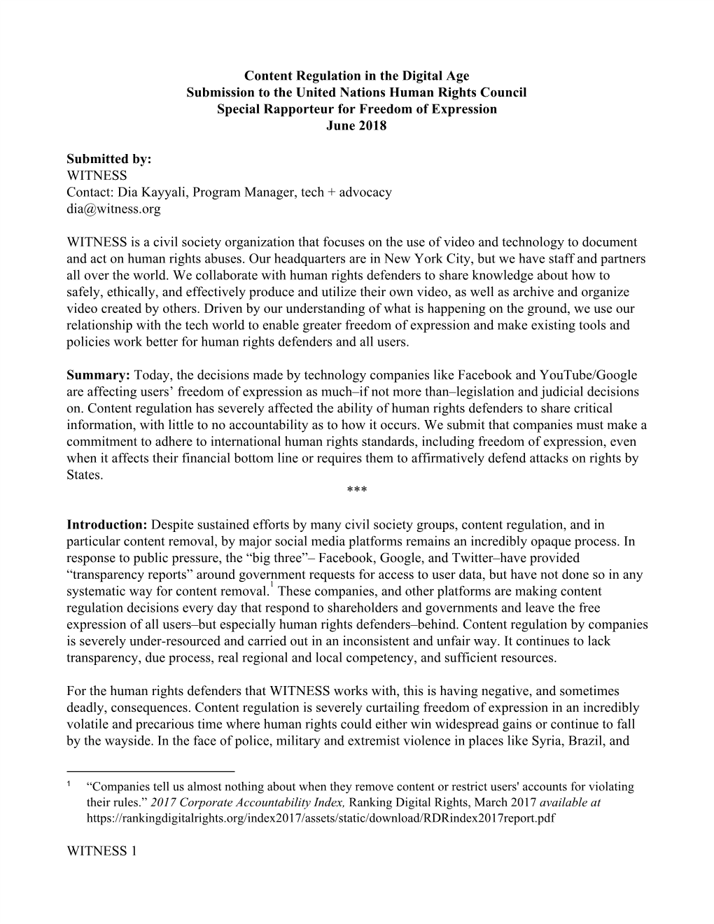 Content Regulation in the Digital Age Submission to the United Nations Human Rights Council Special Rapporteur for Freedom of Expression June 2018