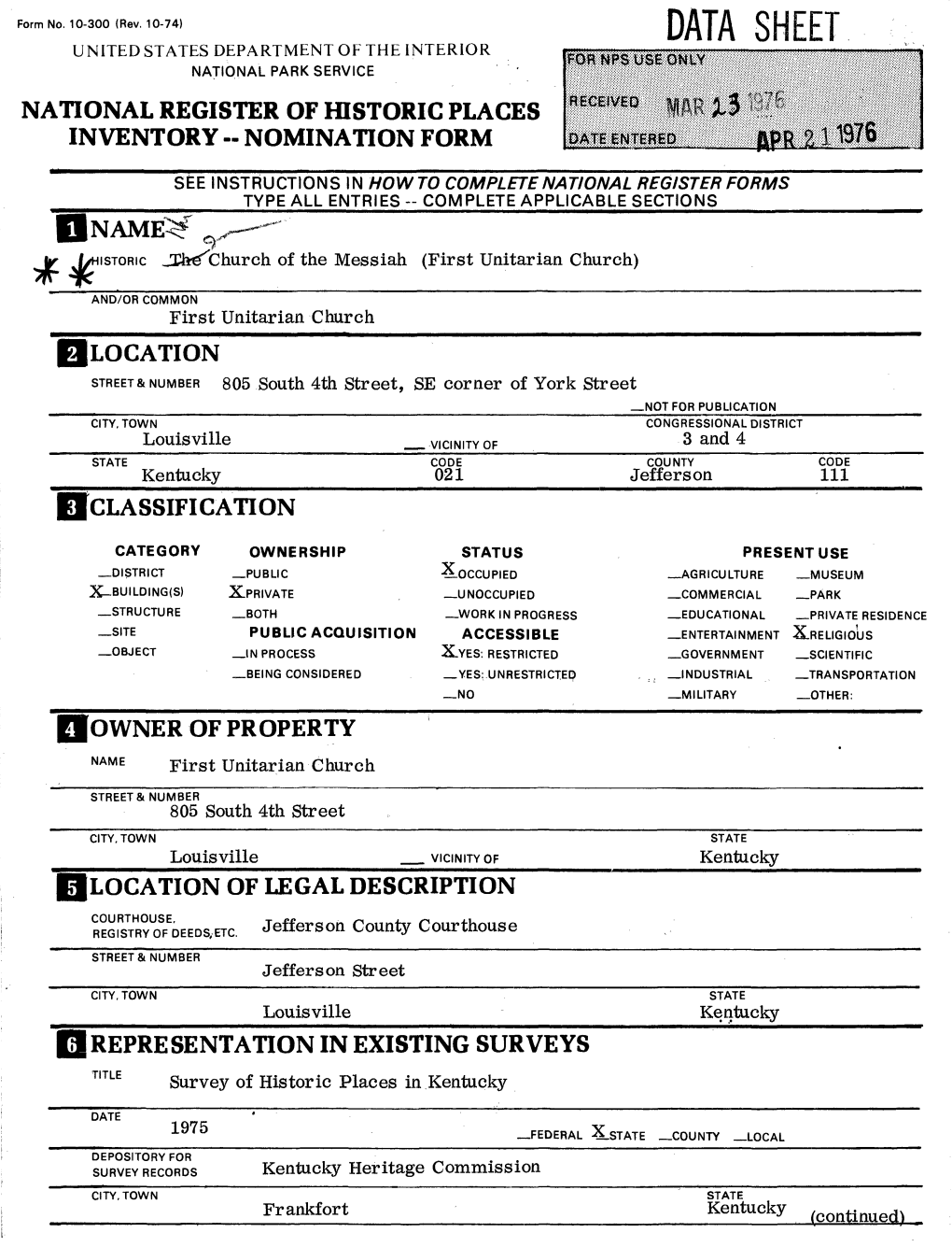 Data Sheet United States Department of the Interior National Park Service National Register of Historic Places Inventory -- Nomination Form