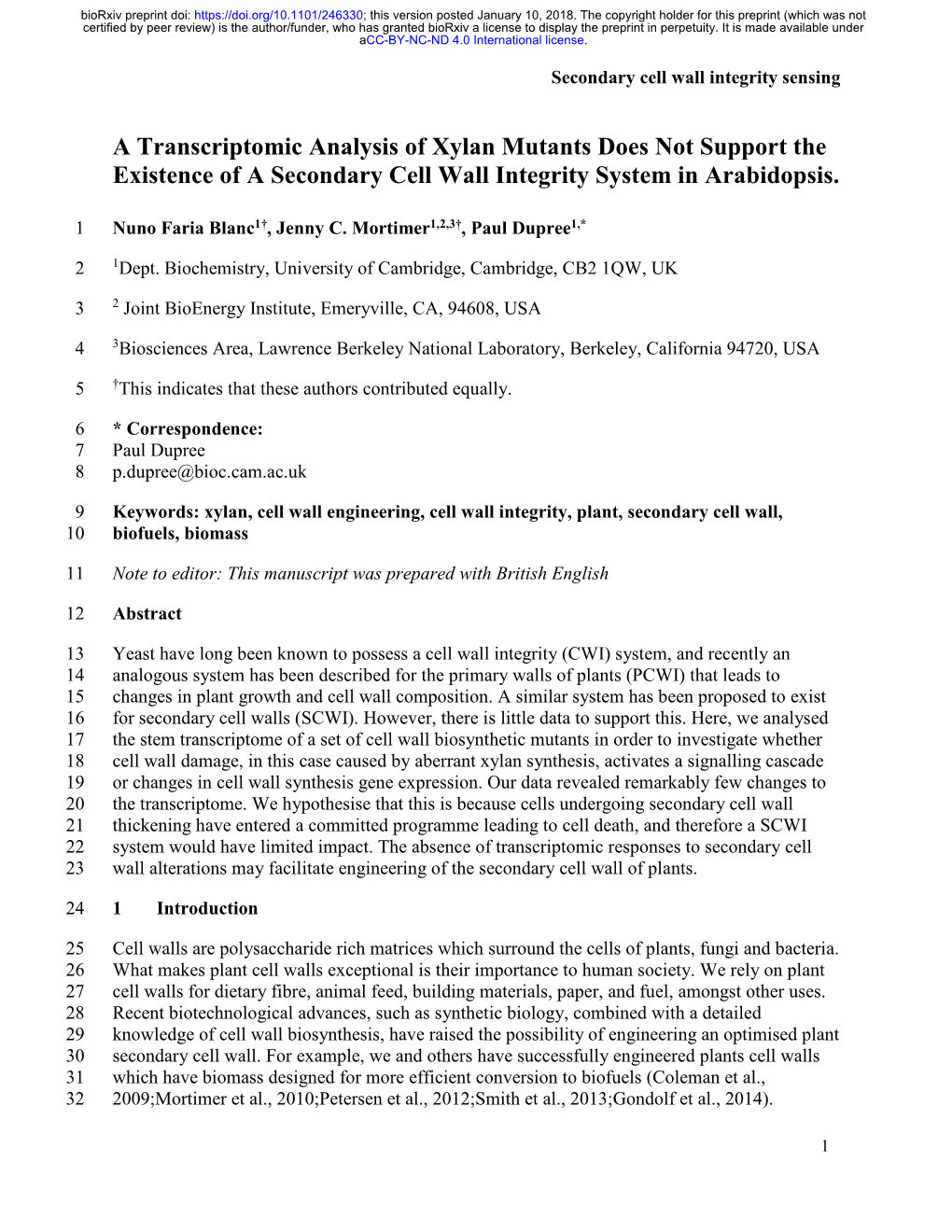 A Transcriptomic Analysis of Xylan Mutants Does Not Support the Existence of a Secondary Cell Wall Integrity System in Arabidopsis