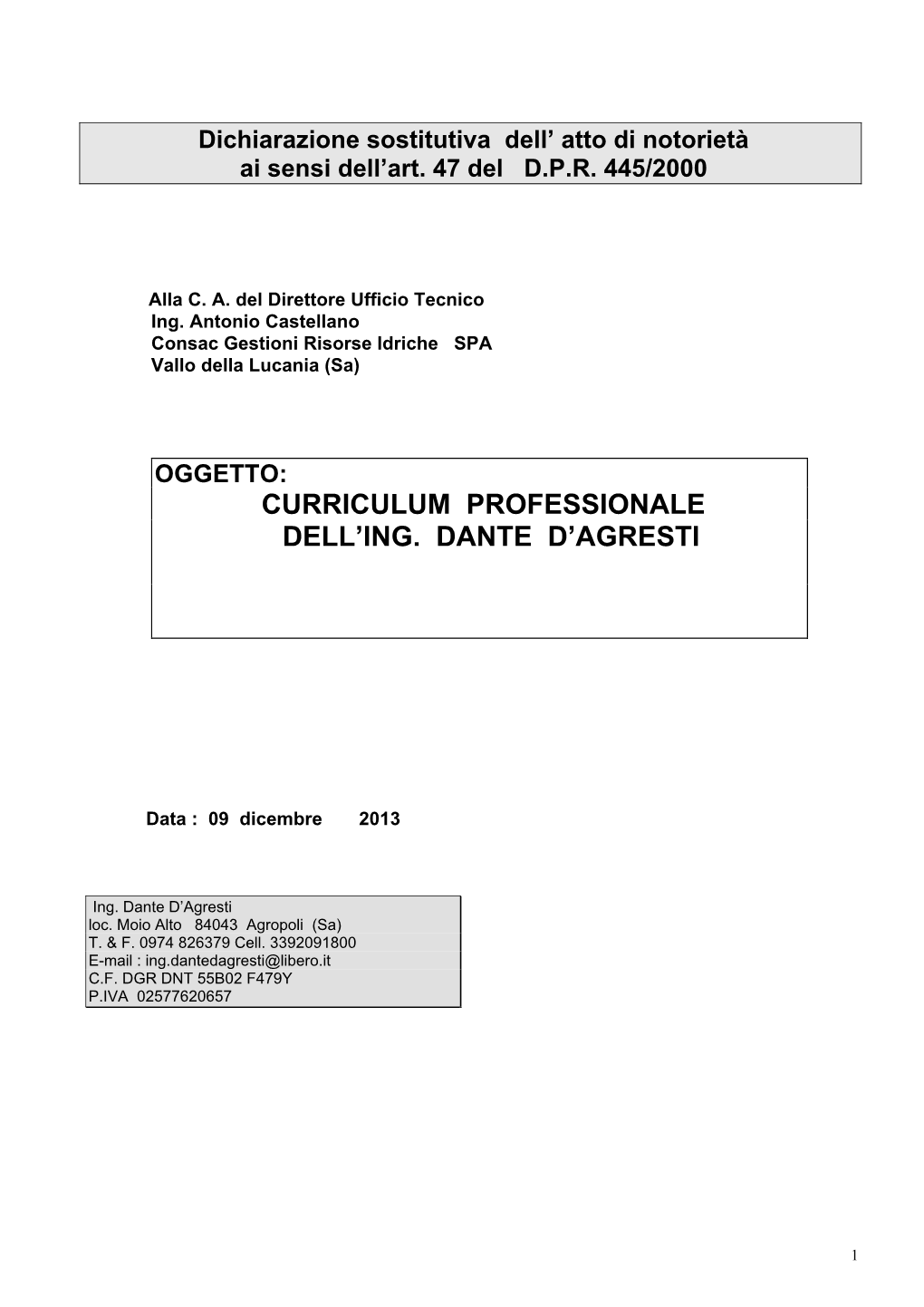 Curriculum Professionale Dell'ing. Dante D'agresti