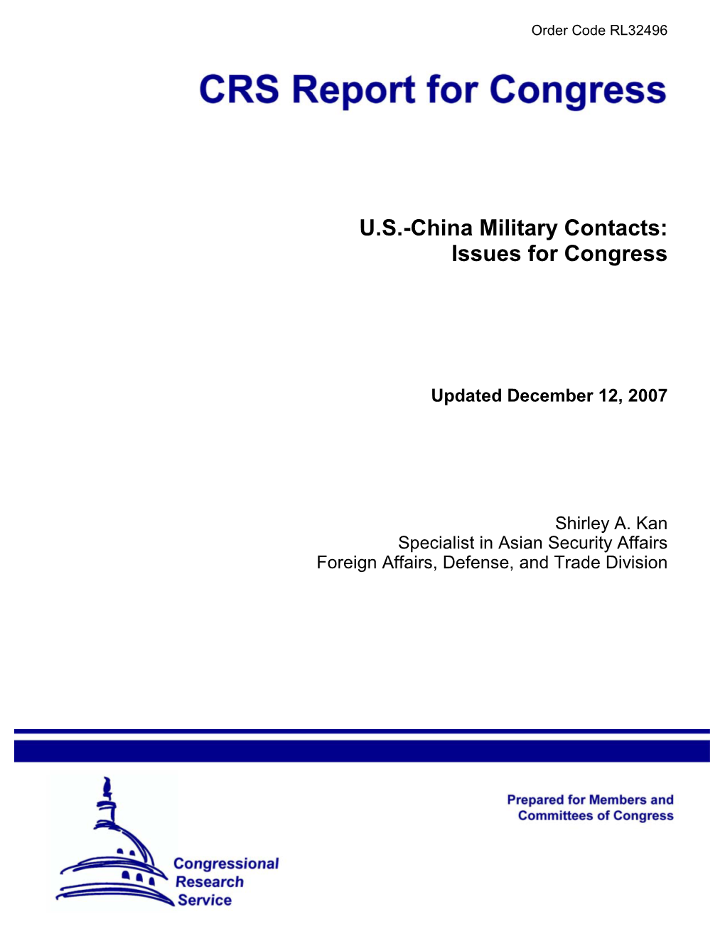 US-China Military Contacts: Issues for Congress