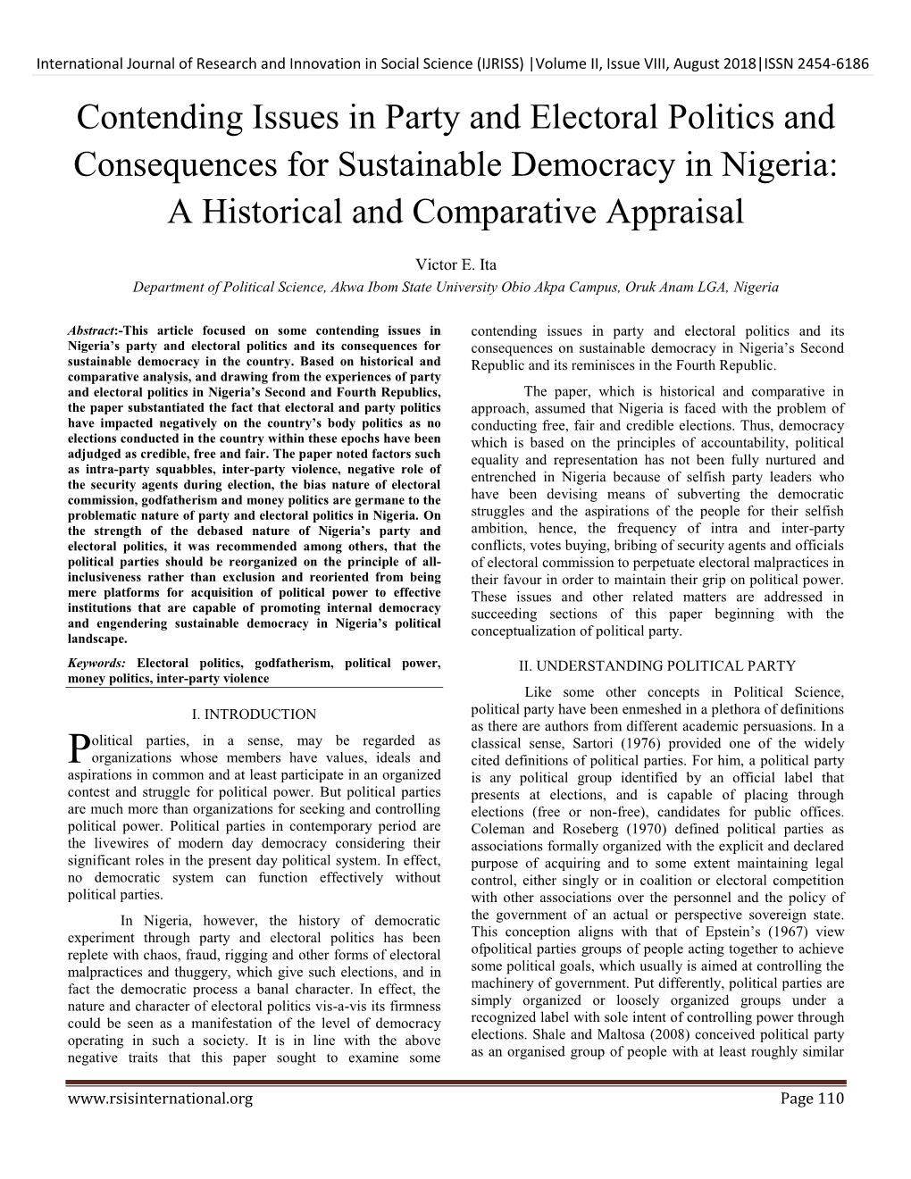 Contending Issues in Party and Electoral Politics and Consequences for Sustainable Democracy in Nigeria: a Historical and Comparative Appraisal