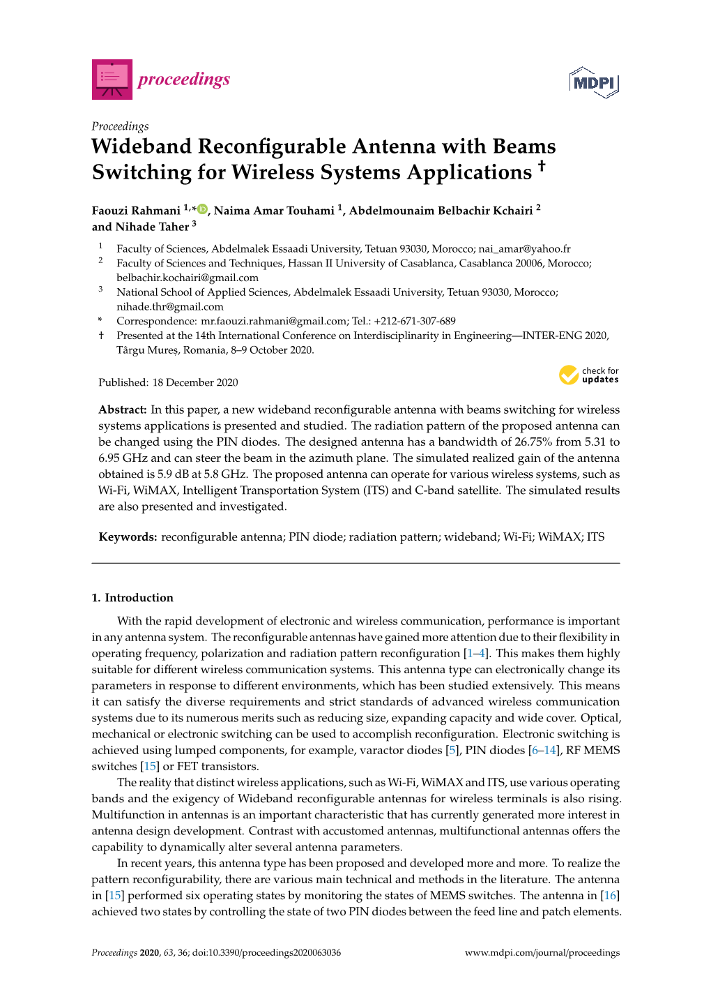 Wideband Reconfigurable Antenna with Beams Switching for Wireless