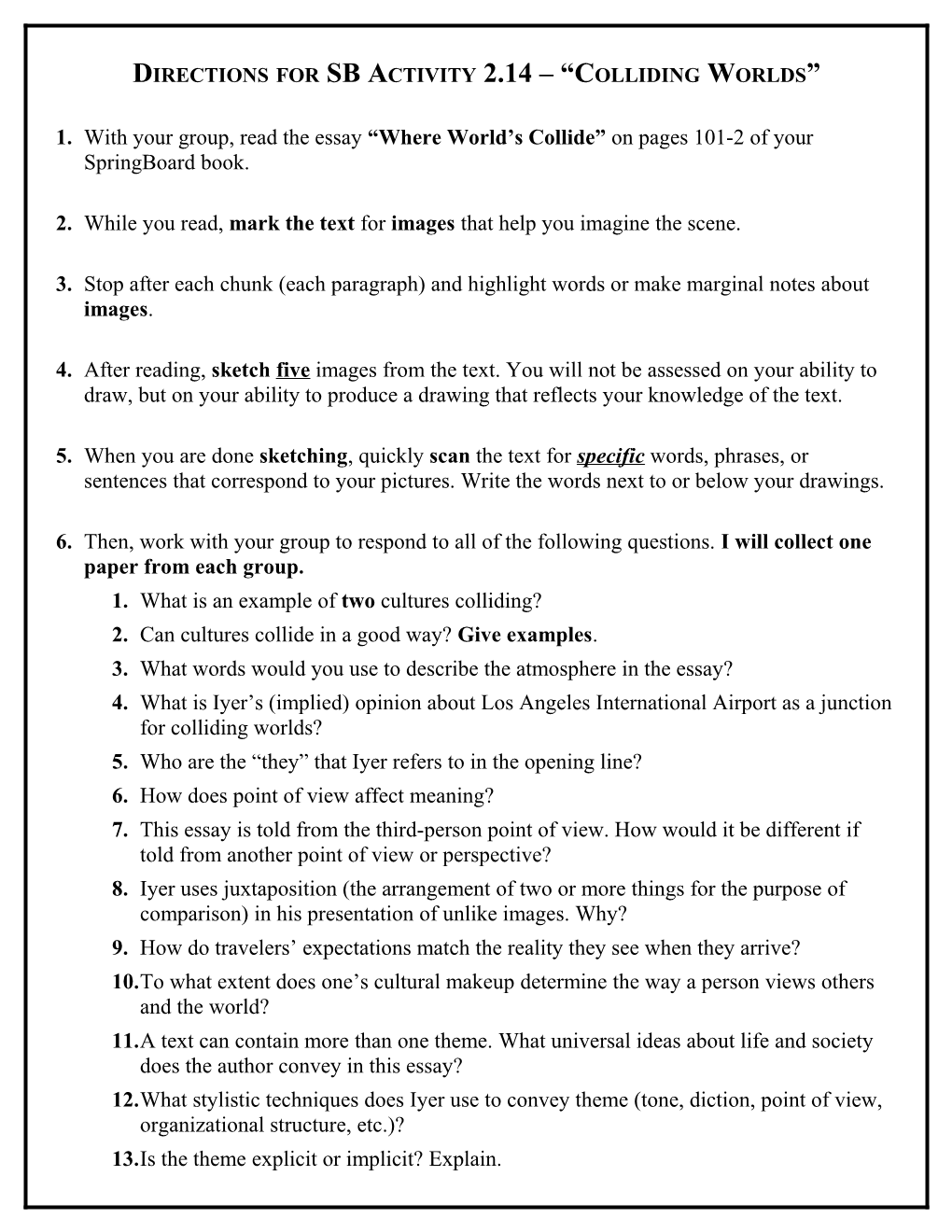 Directions for SB Activity 2.14 Colliding Worlds