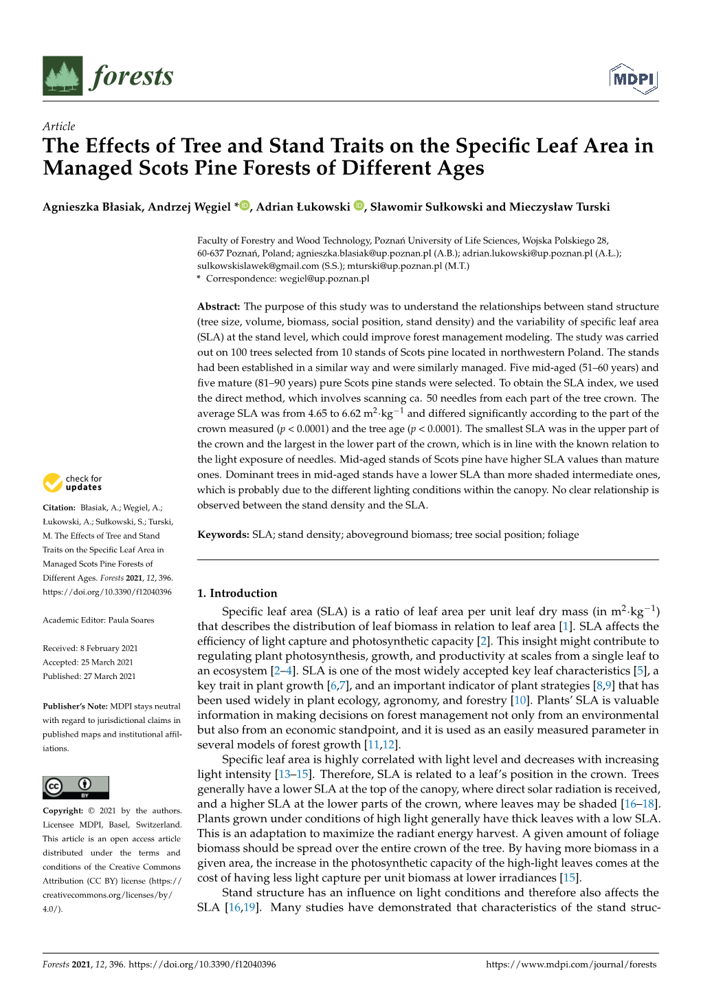 The Effects of Tree and Stand Traits on the Specific Leaf Area In