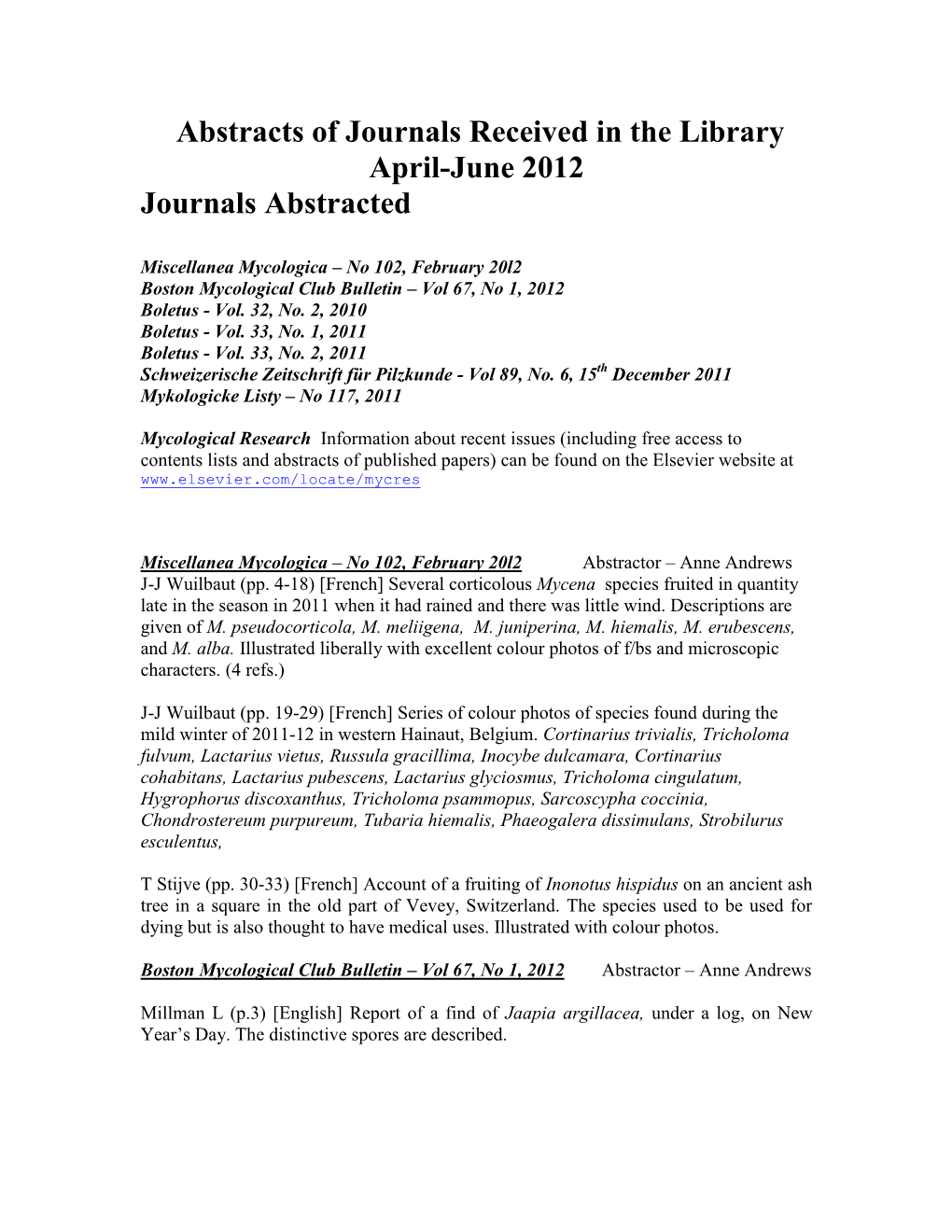 Abstracts of Journals Received in the Library April-June 2012 Journals Abstracted