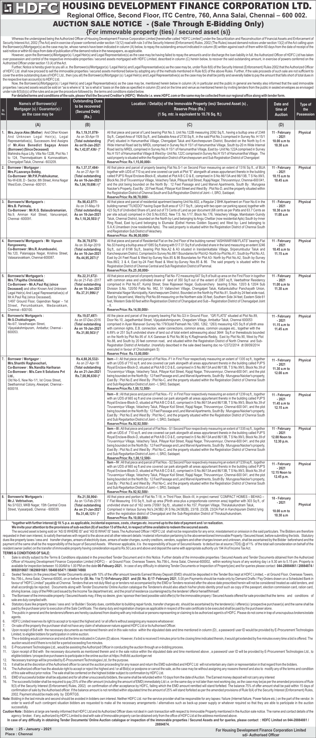 HOUSING DEVELOPMENT FINANCE CORPORATION LTD. Regional Office, Second Floor, ITC Centre, 760, Anna Salai, Chennai – 600 002