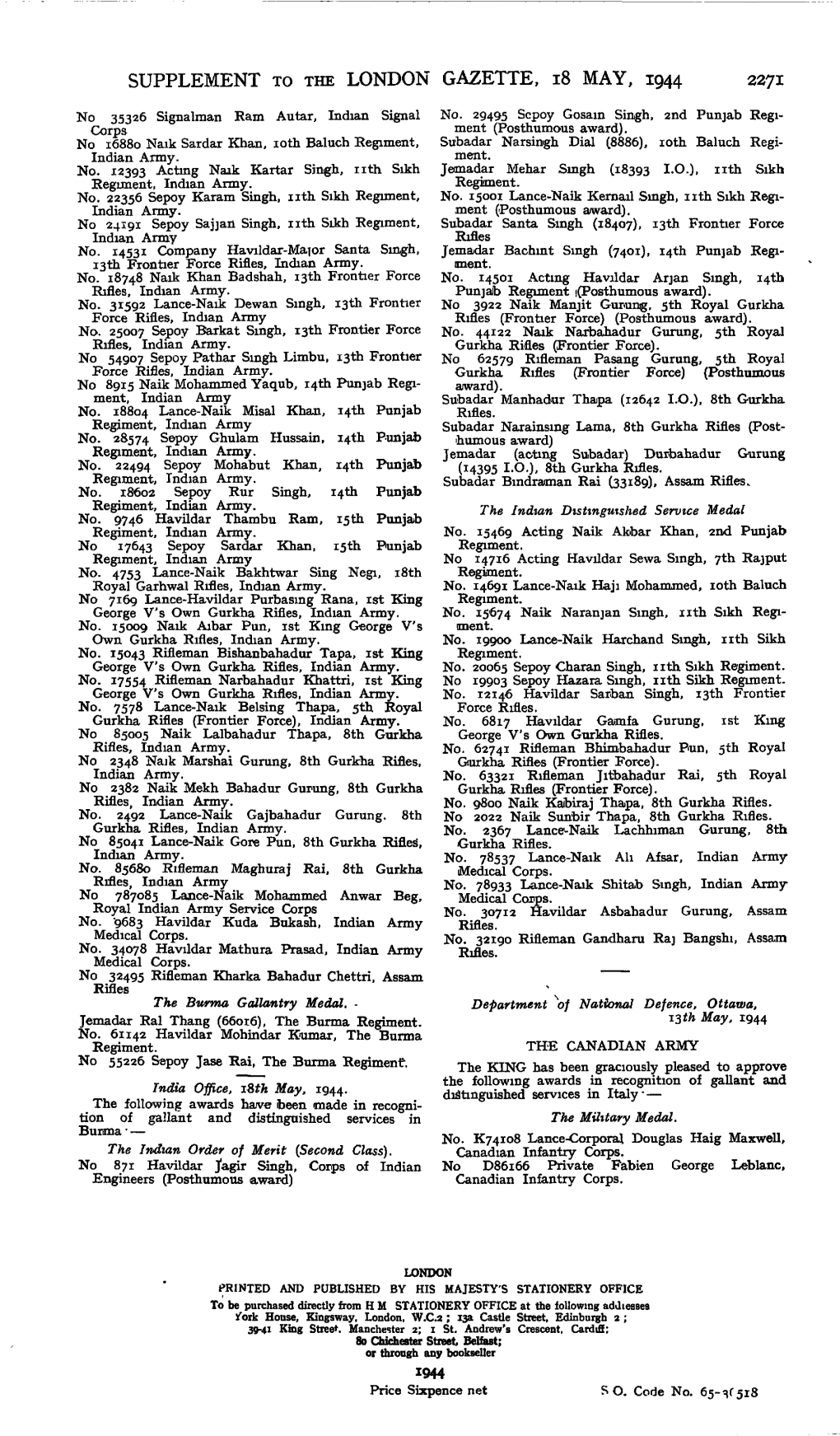 Supplement to the London Gazette, 18 May, 1944 2271
