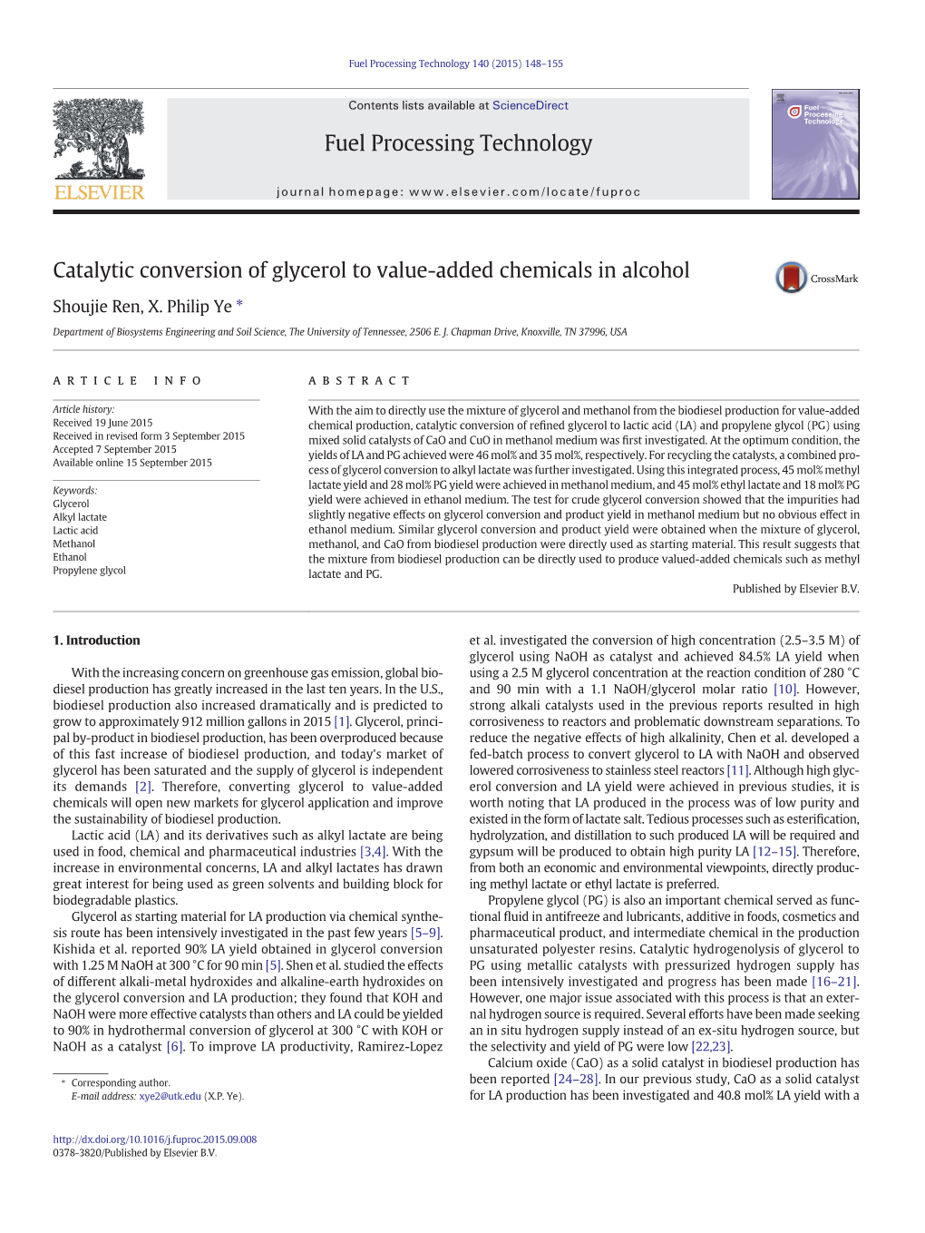 Catalytic Conversion of Glycerol to Value-Added Chemicals in Alcohol