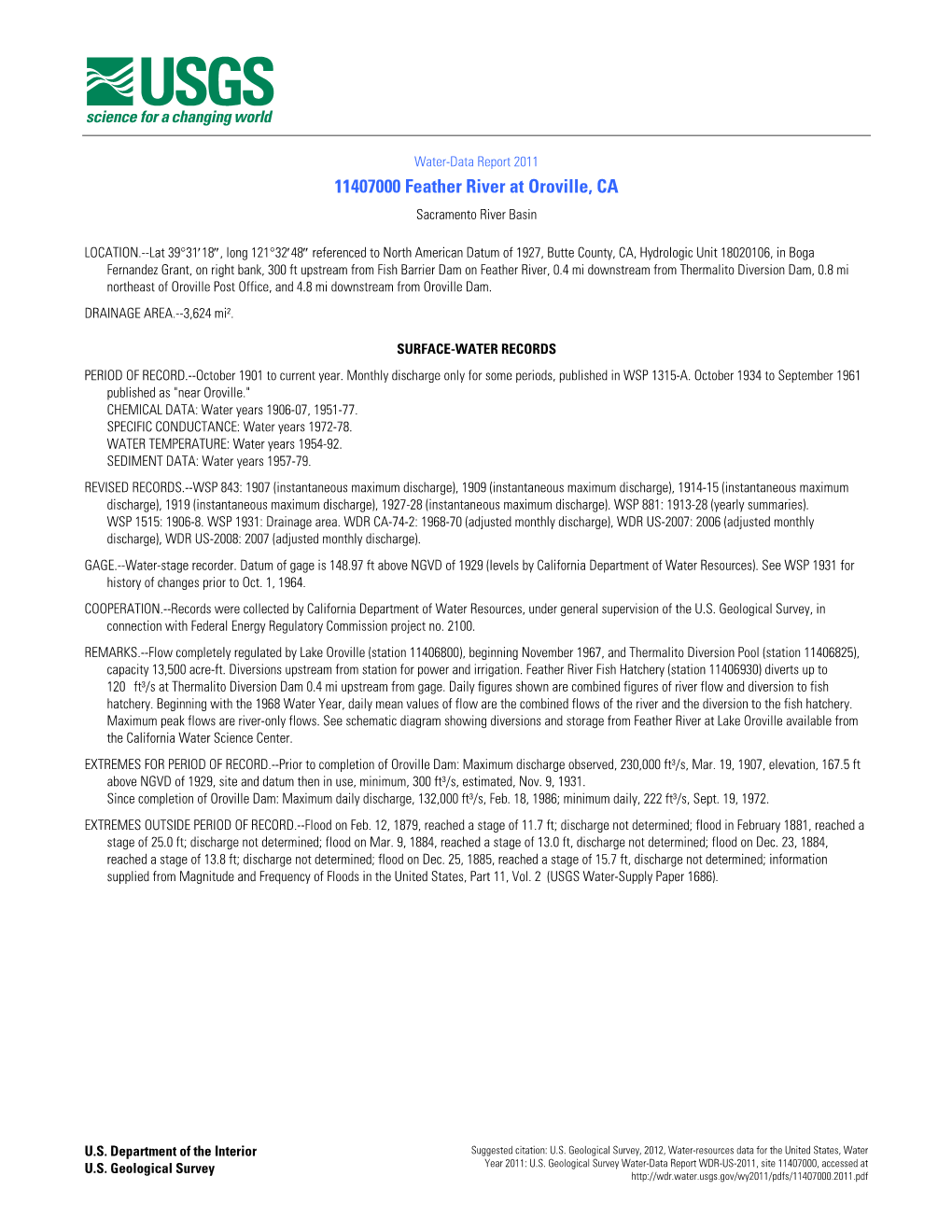 11407000 Feather River at Oroville, CA Sacramento River Basin