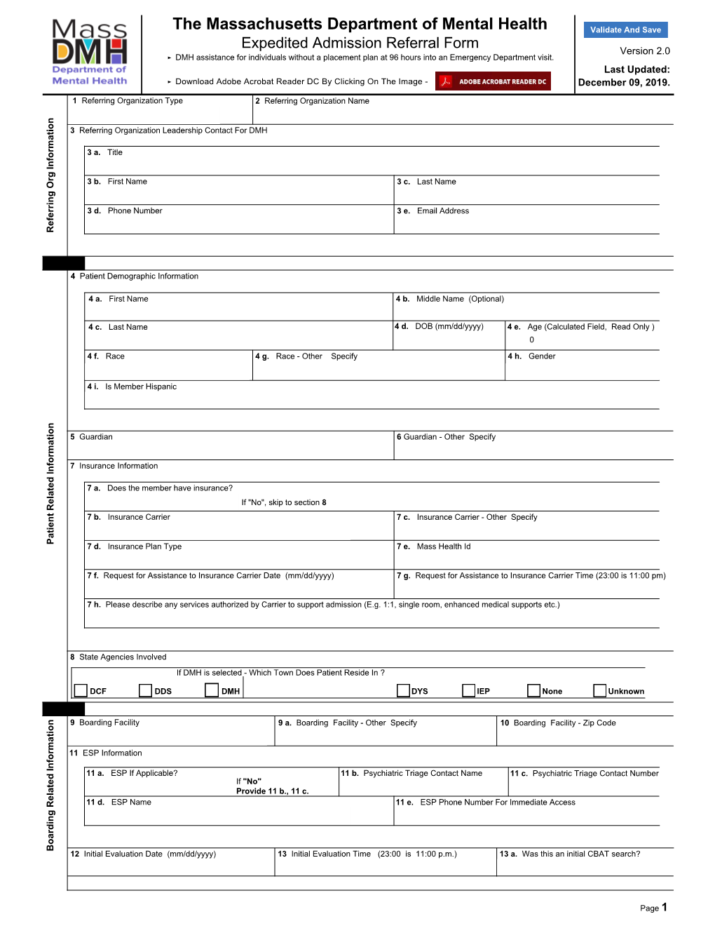 Form Version 2.0 ▶ DMH Assistance for Individuals Without a Placement Plan at 96 Hours Into an Emergency Department Visit