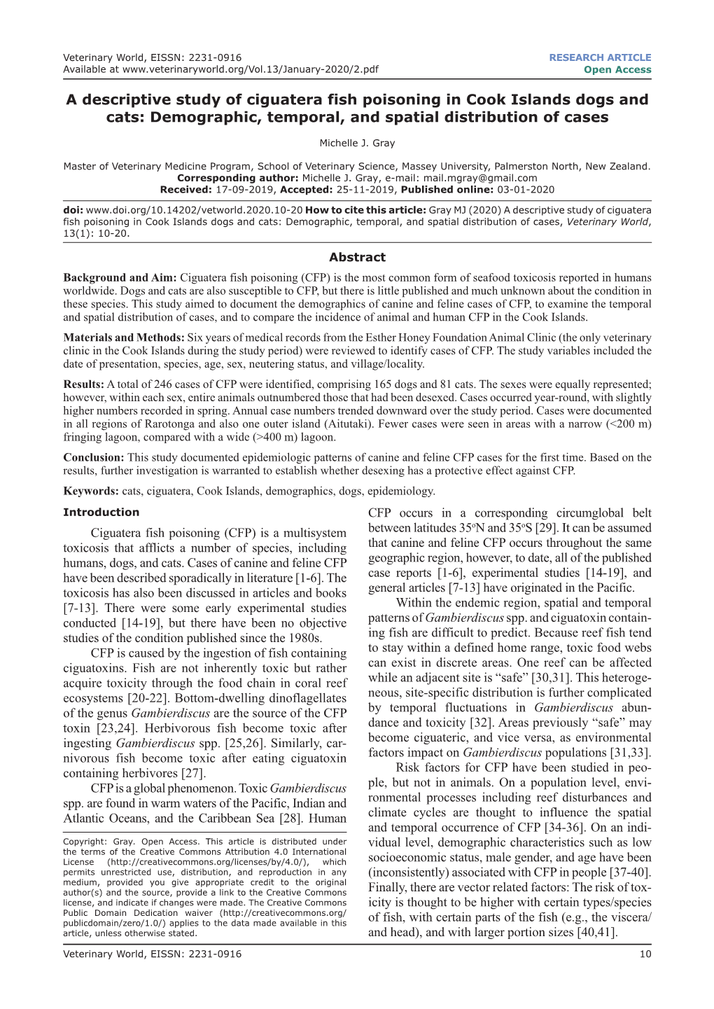 A Descriptive Study of Ciguatera Fish Poisoning in Cook Islands Dogs and Cats: Demographic, Temporal, and Spatial Distribution of Cases