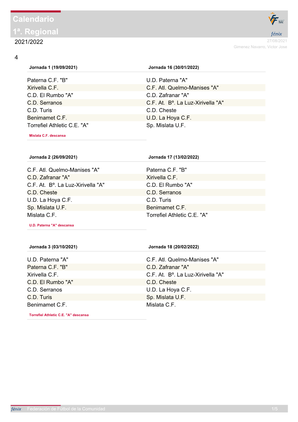 1ª. Regional Calendario