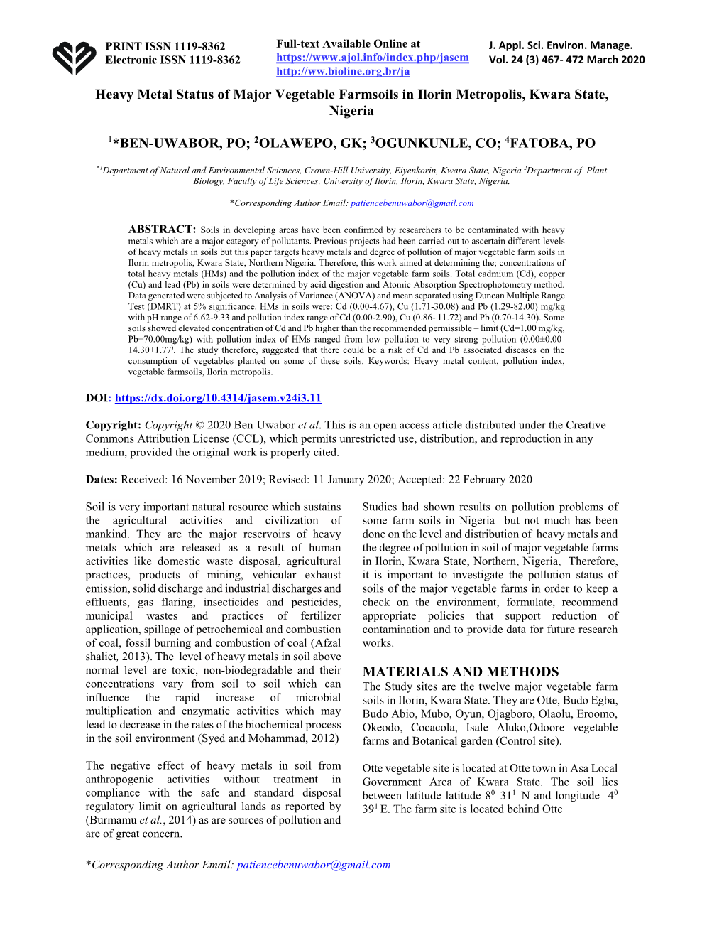 Heavy Metal Status of Major Vegetable Farmsoils in Ilorin Metropolis, Kwara State, Nigeria